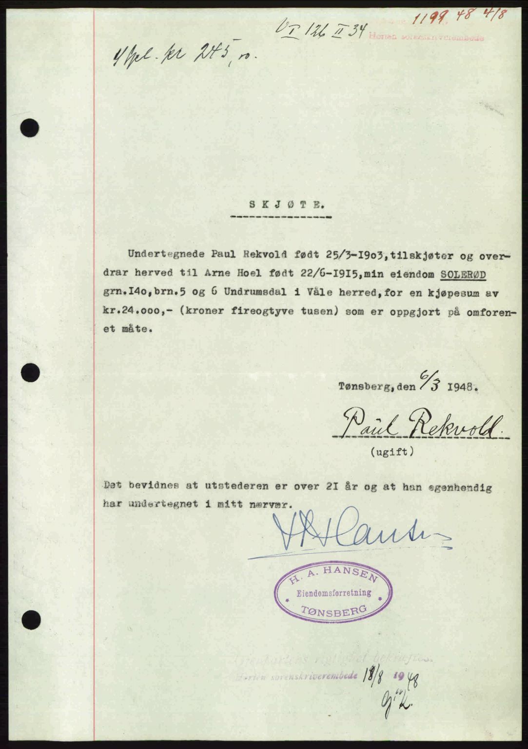 Horten sorenskriveri, AV/SAKO-A-133/G/Ga/Gaa/L0010: Mortgage book no. A-10, 1947-1948, Diary no: : 1199/1948