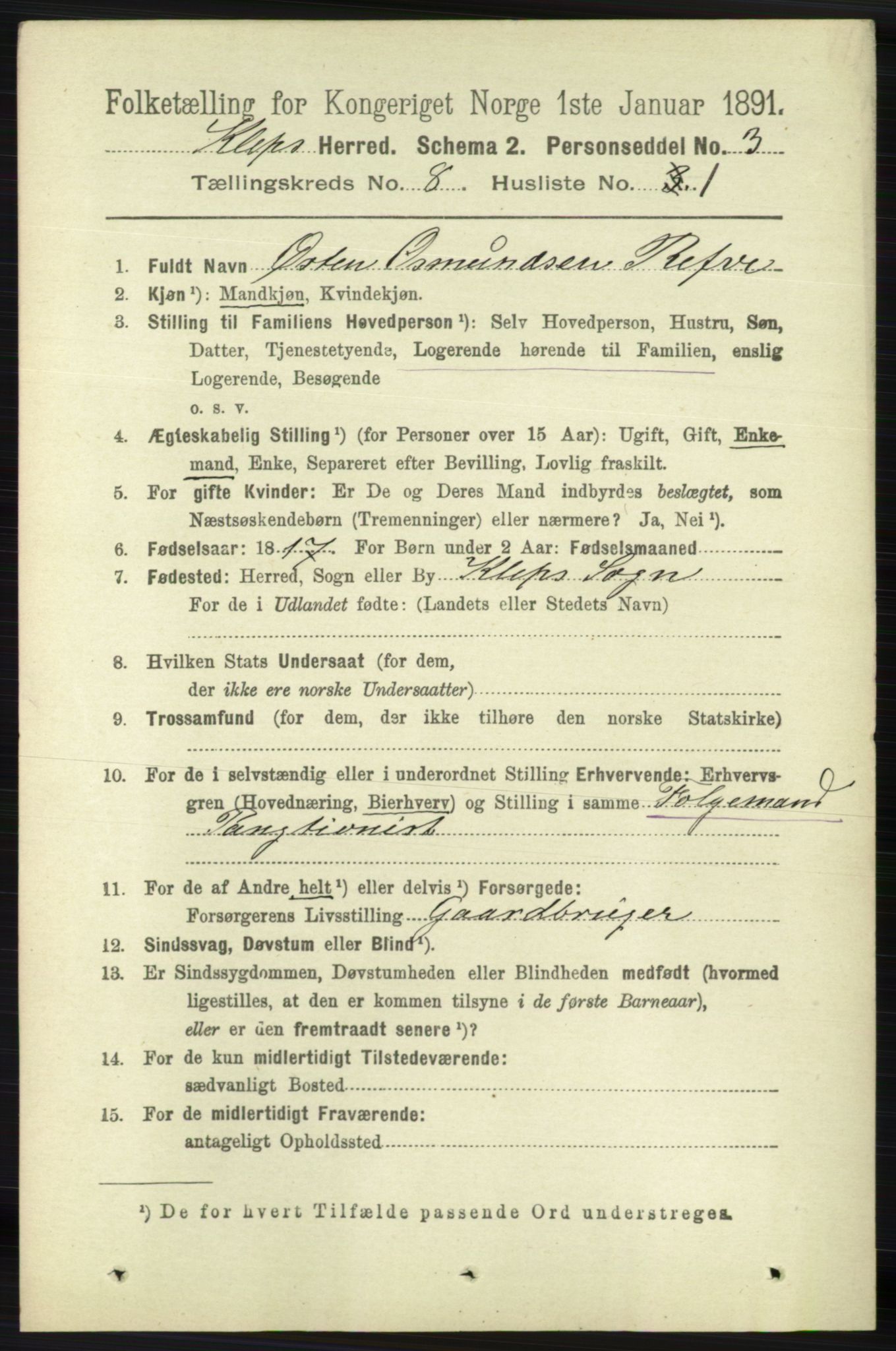 RA, 1891 census for 1120 Klepp, 1891, p. 2507