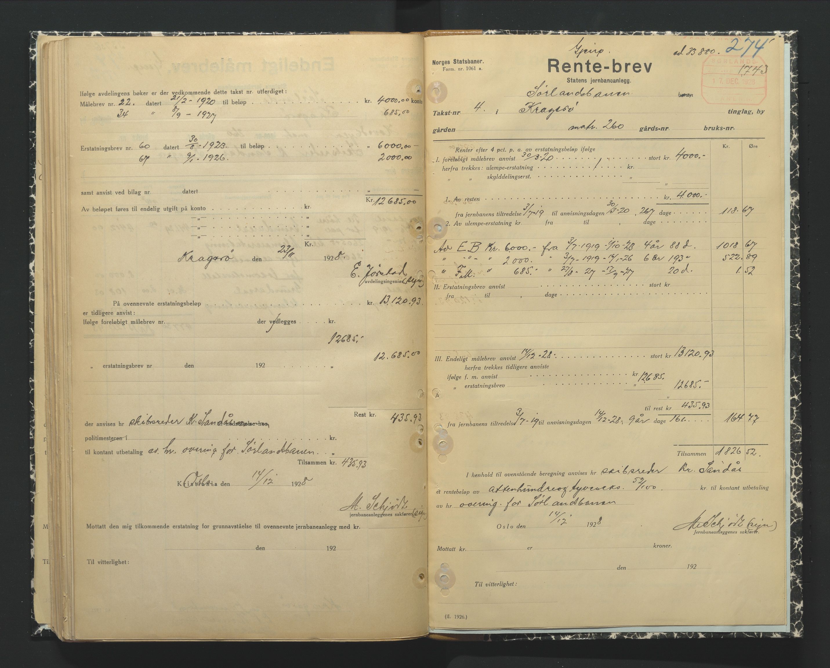 NSB Baneavdelingen, AV/SAK-1821-0004/F/Fc/Fch/L0249/0002: Grunnerstatninger, målebrev / Endelige måle- og rentebrev for Kragerølinja, 1928-1930