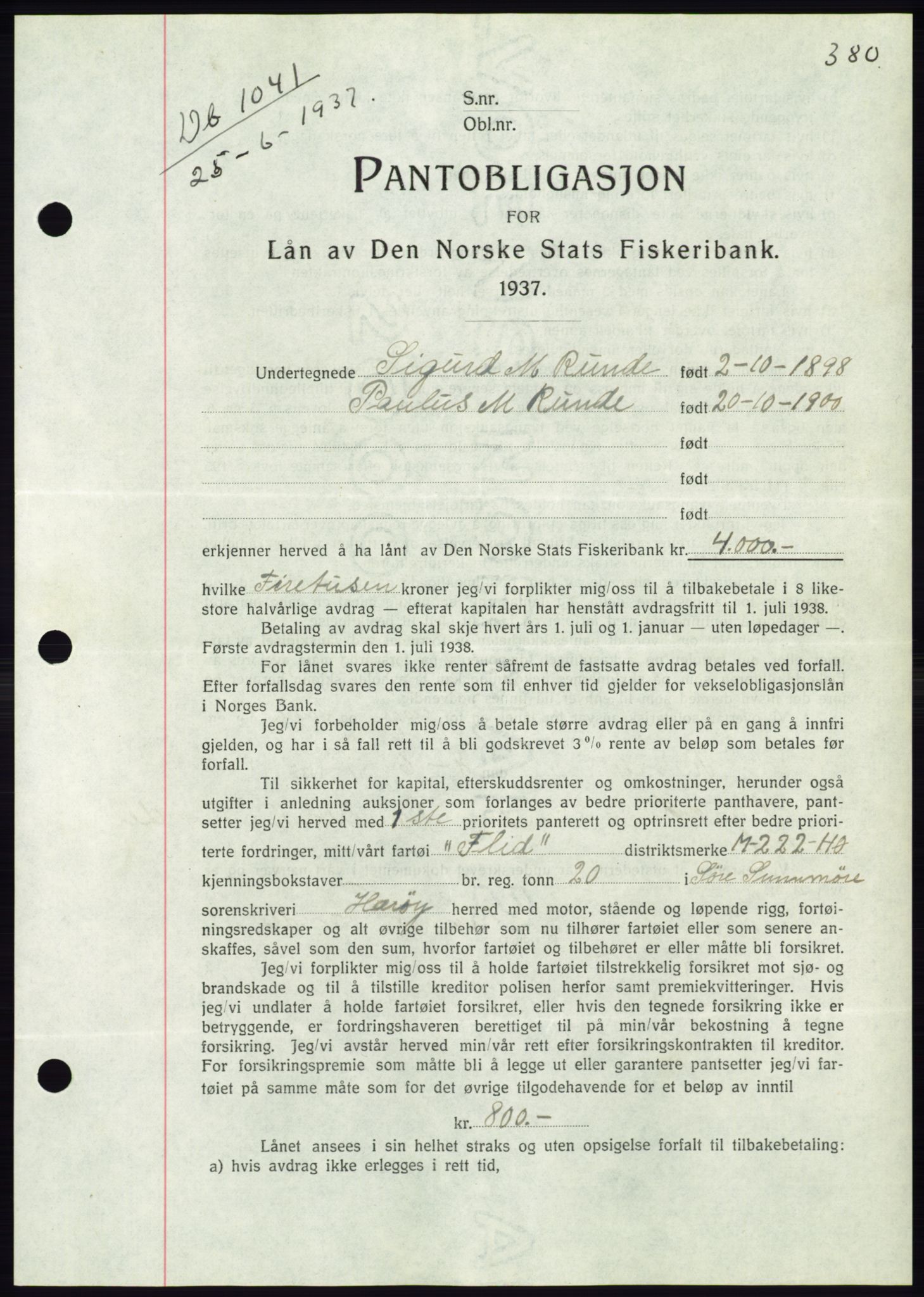 Søre Sunnmøre sorenskriveri, AV/SAT-A-4122/1/2/2C/L0063: Mortgage book no. 57, 1937-1937, Diary no: : 1041/1937