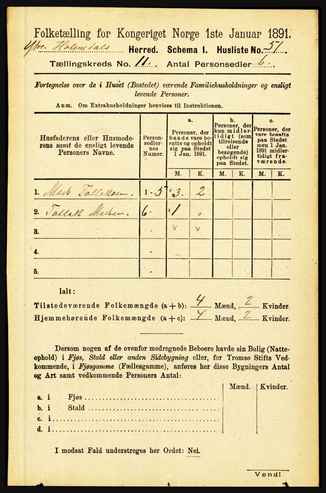 RA, 1891 census for 1429 Ytre Holmedal, 1891, p. 2778