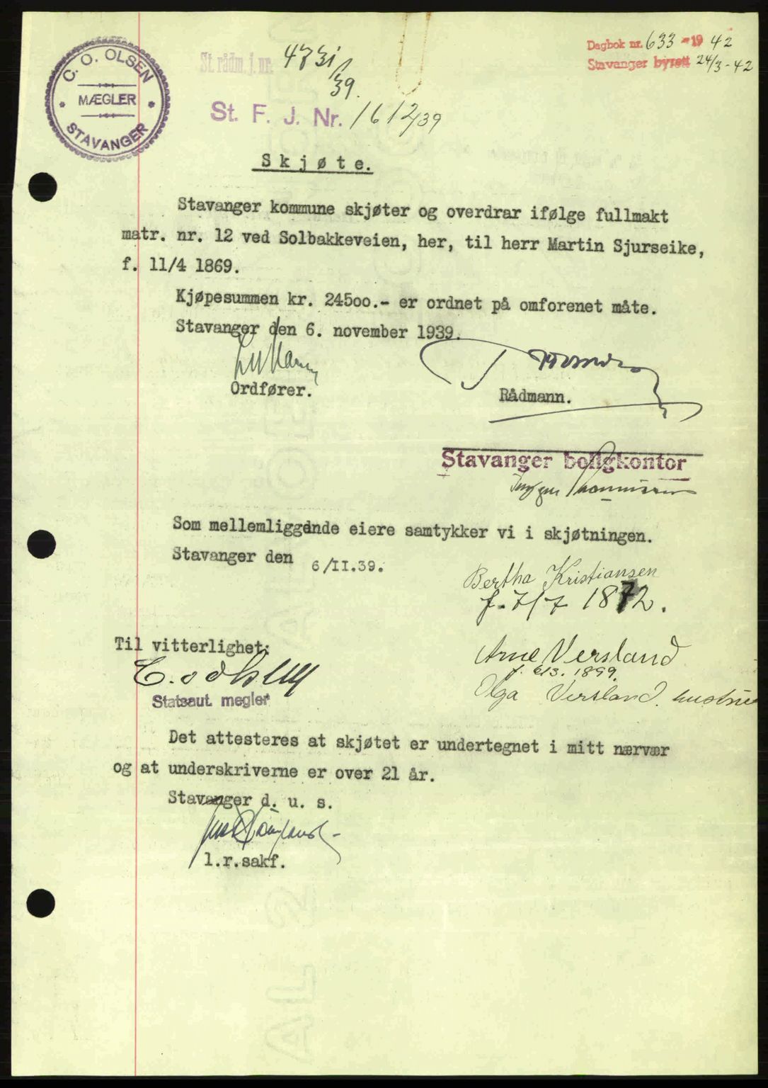 Stavanger byrett, SAST/A-100455/002/G/Gb/L0017: Mortgage book no. A7, 1941-1943, Diary no: : 633/1942