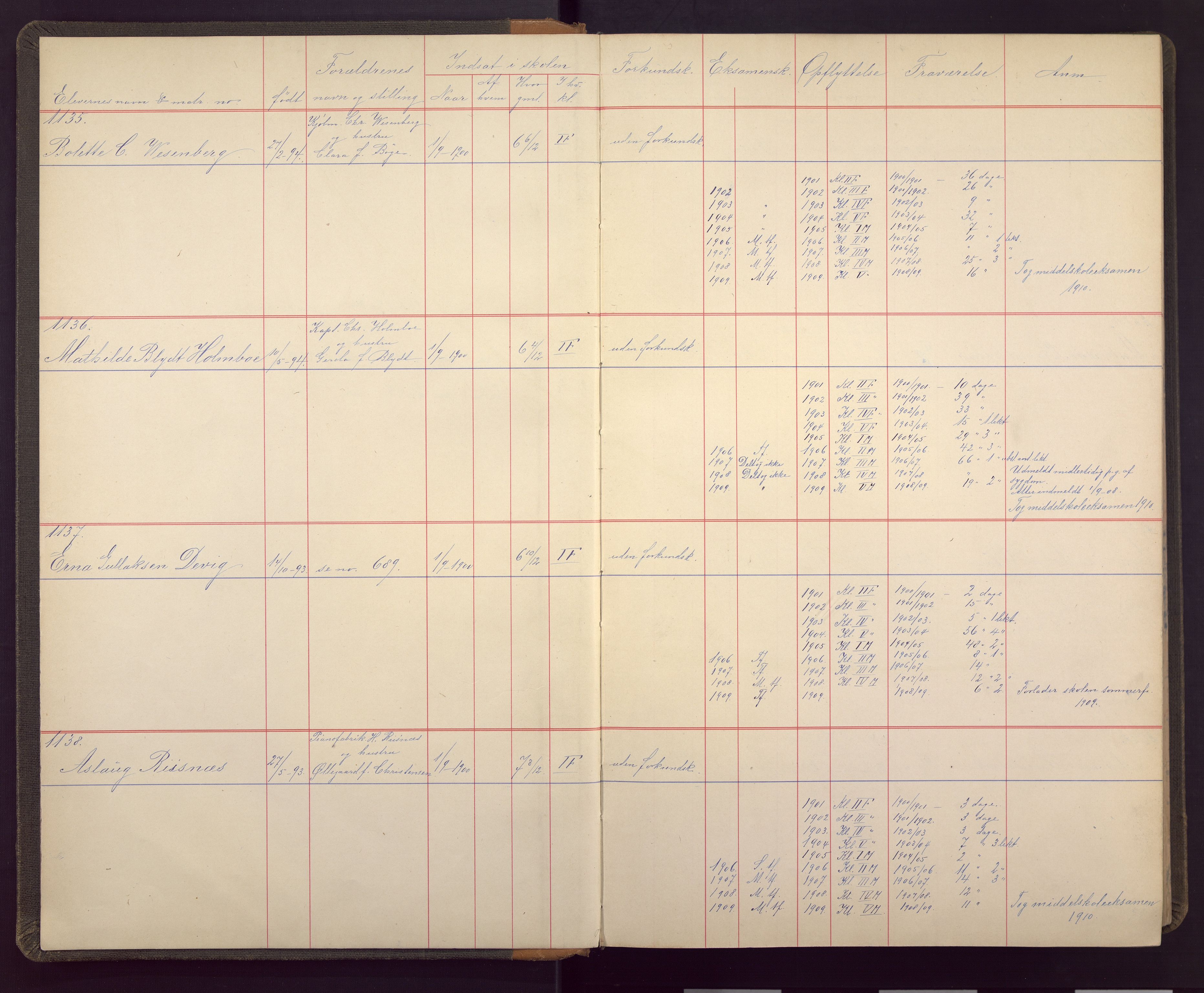 U Pihls skole, BBA/A-1248/7040/F/Fa/L0003: Matrikkelprotokoll, 1900-1921