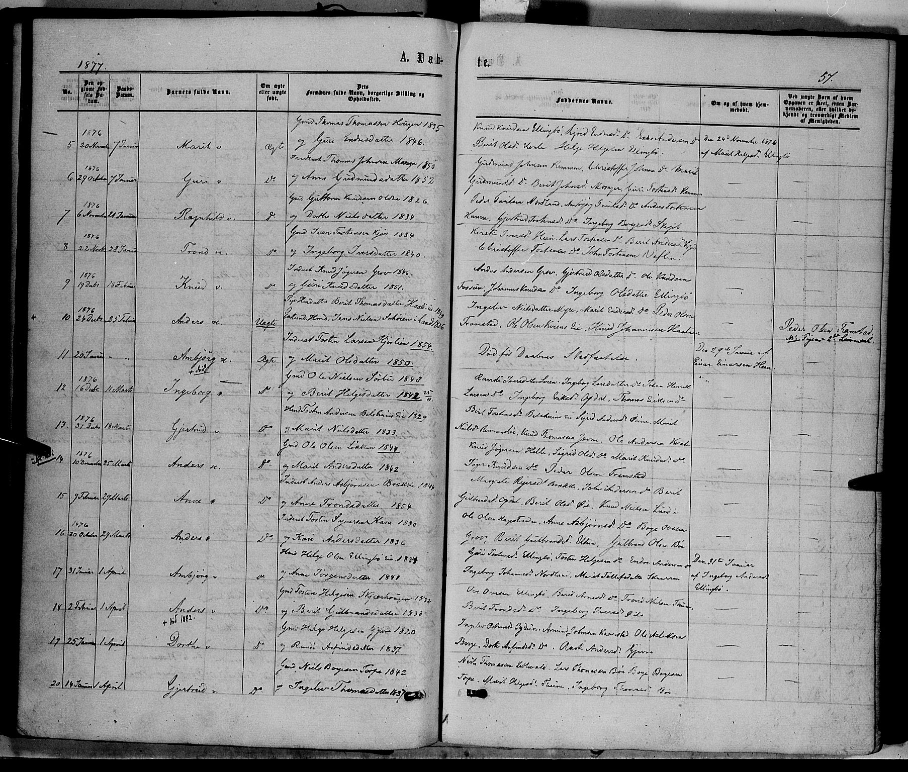 Vang prestekontor, Valdres, SAH/PREST-140/H/Ha/L0007: Parish register (official) no. 7, 1865-1881, p. 57