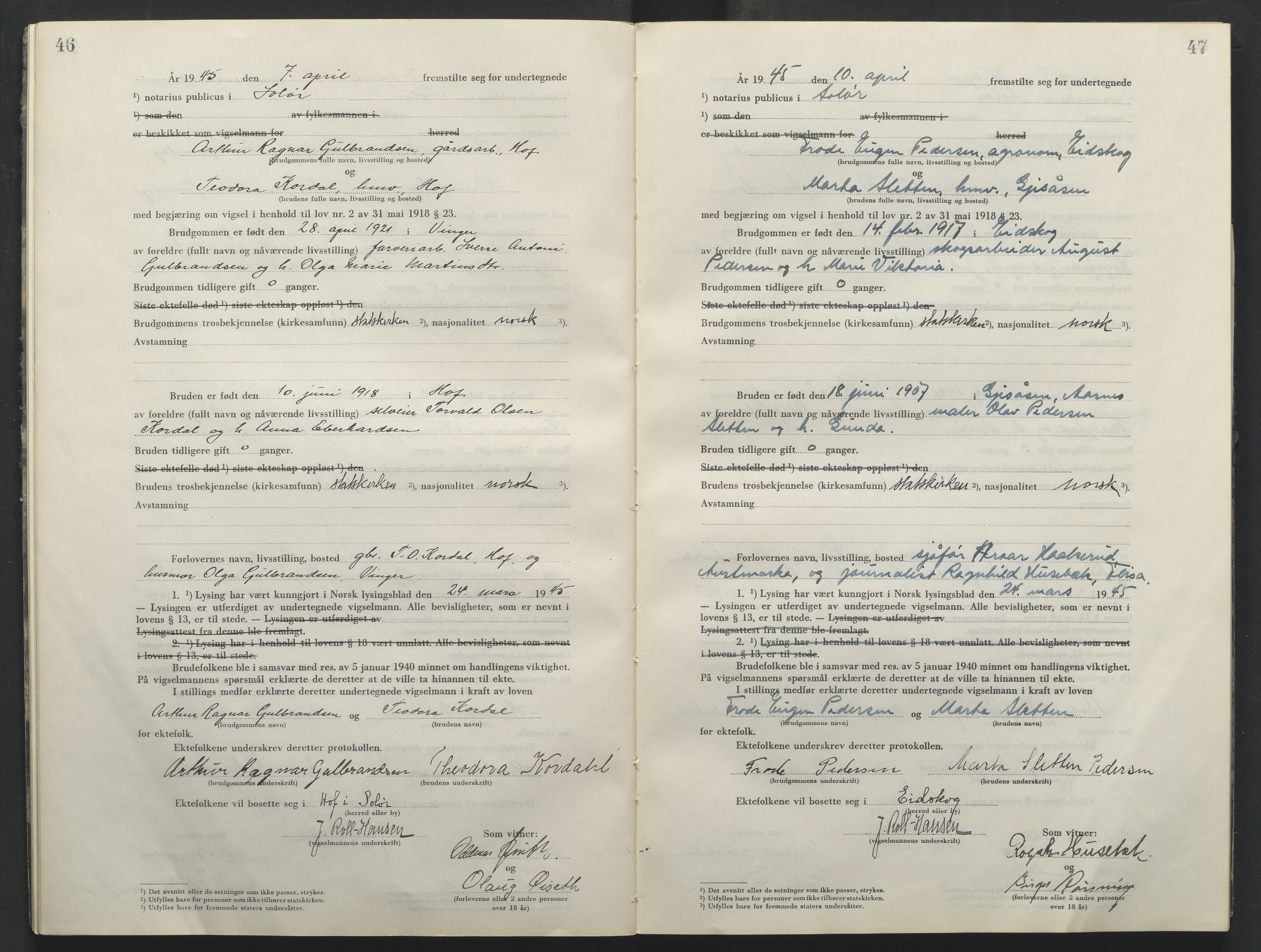 Solør tingrett, AV/SAH-TING-008/L/Lb/L0003/0001: Vigselprotokoll / Vigselprotokoll, 1944-1961, p. 46-47