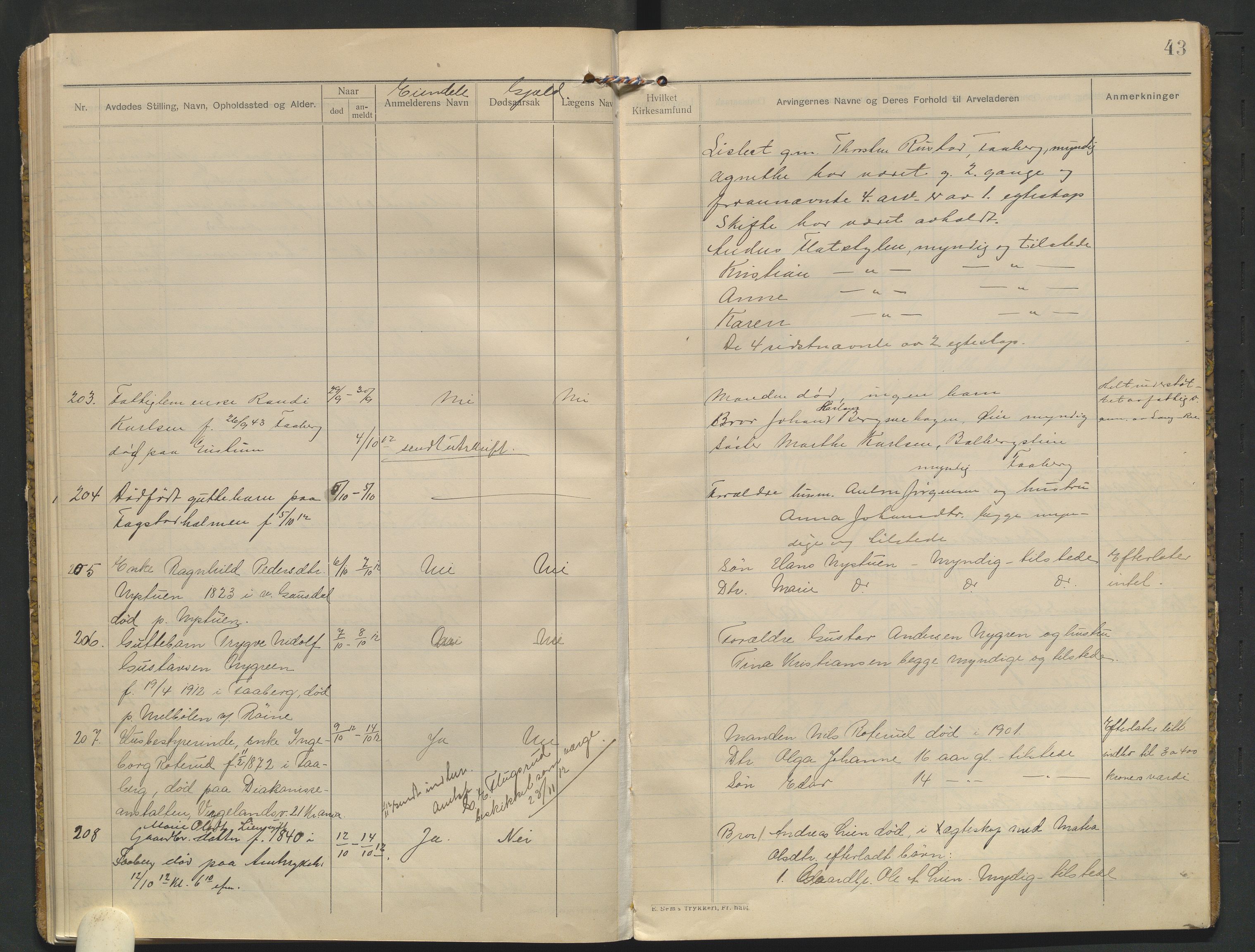 Fåberg lensmannskontor, AV/SAH-PGF-016/H/Ha/L0001/0001: Dødsfallsprotokoller / Dødsfallsprotokoll, 1909-1913, p. 43