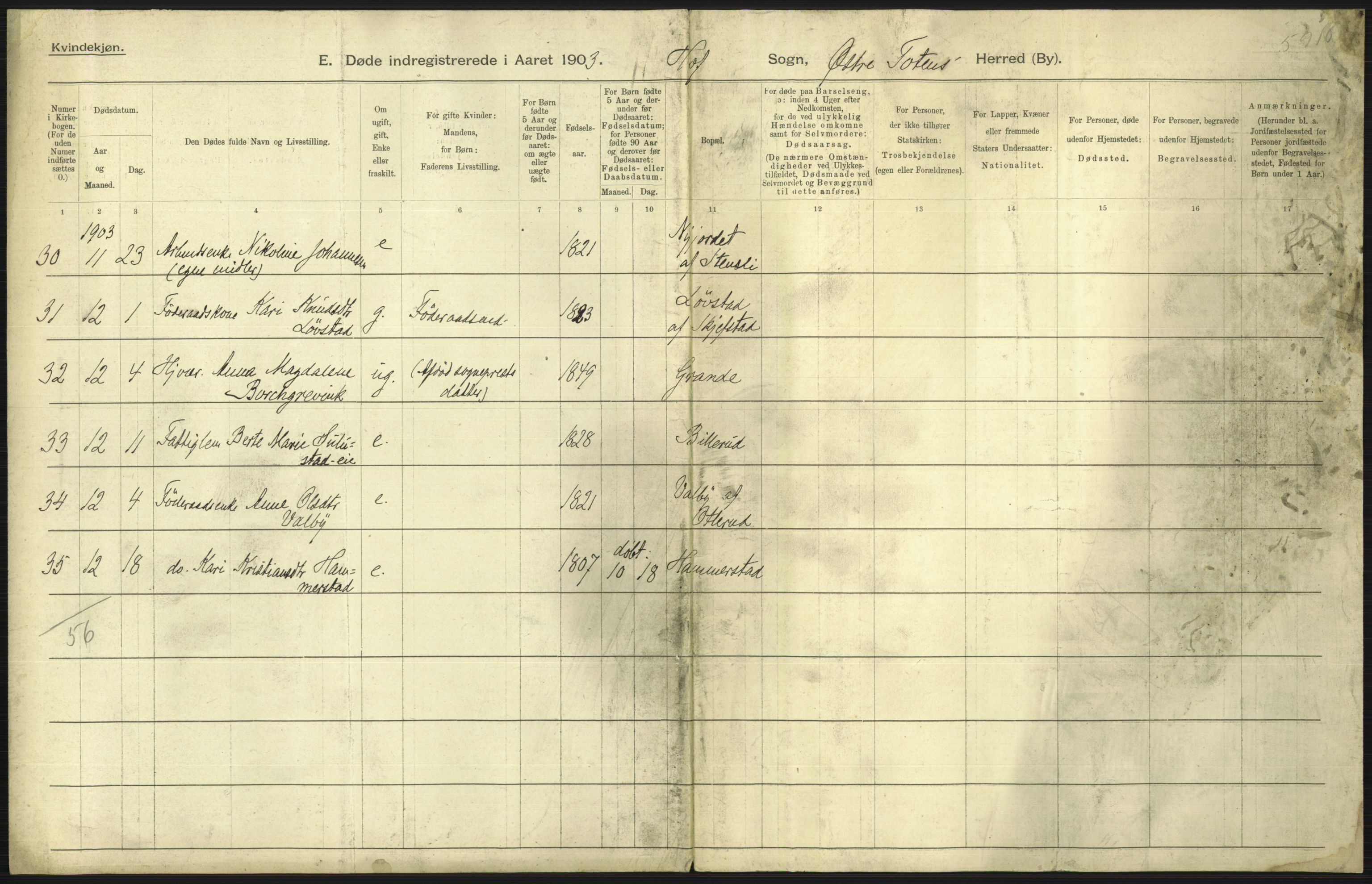 Statistisk sentralbyrå, Sosiodemografiske emner, Befolkning, RA/S-2228/D/Df/Dfa/Dfaa/L0006: Kristians amt: Fødte, gifte, døde, 1903, p. 563