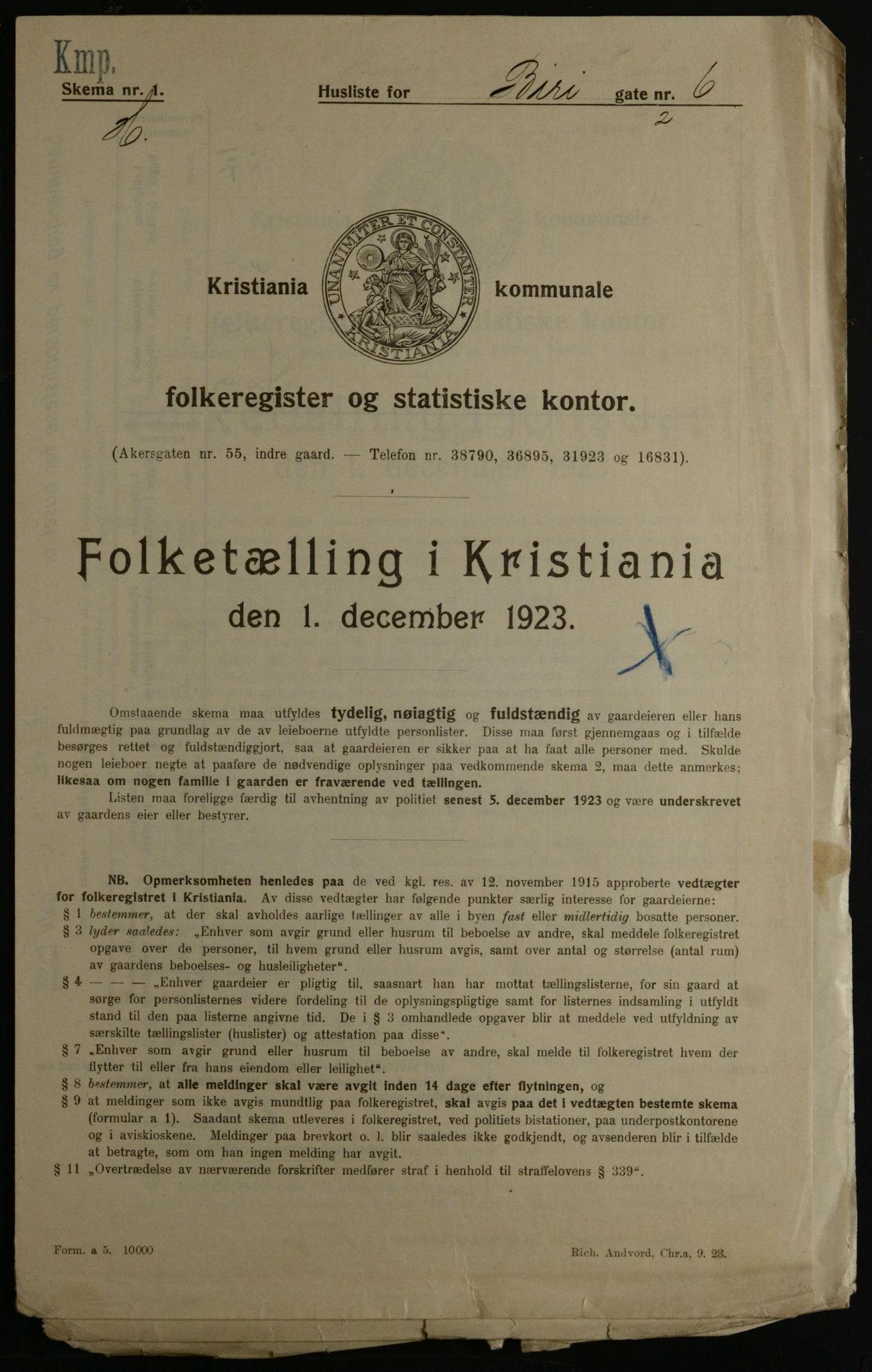 OBA, Municipal Census 1923 for Kristiania, 1923, p. 6043