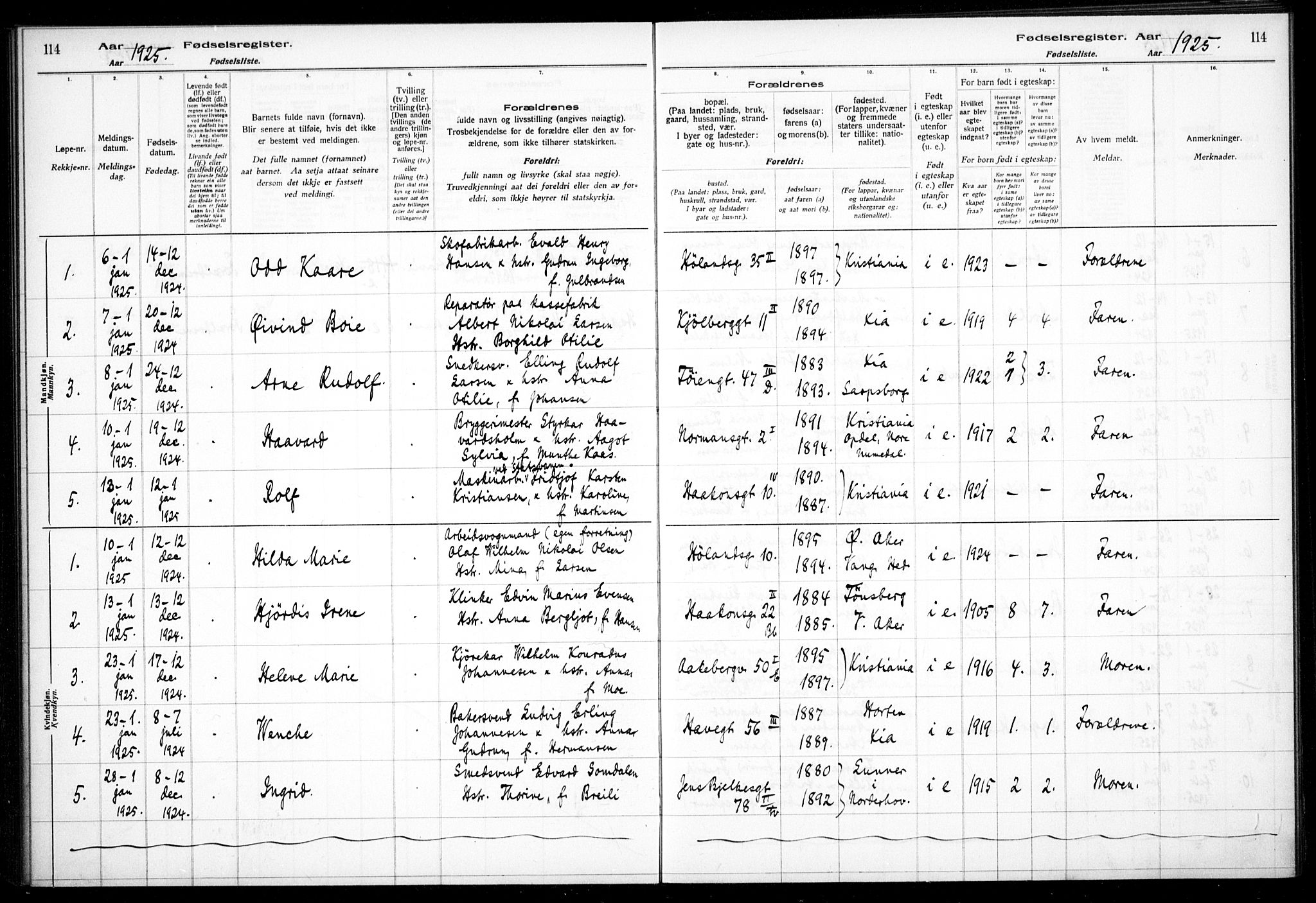 Kampen prestekontor Kirkebøker, AV/SAO-A-10853/J/Ja/L0002: Birth register no. 2, 1920-1935, p. 114