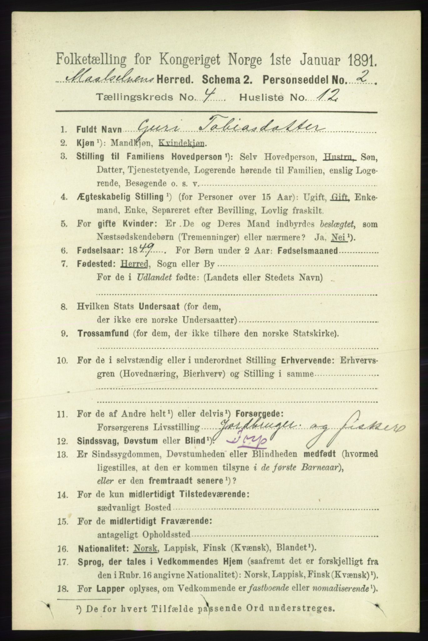 RA, 1891 census for 1924 Målselv, 1891, p. 1155