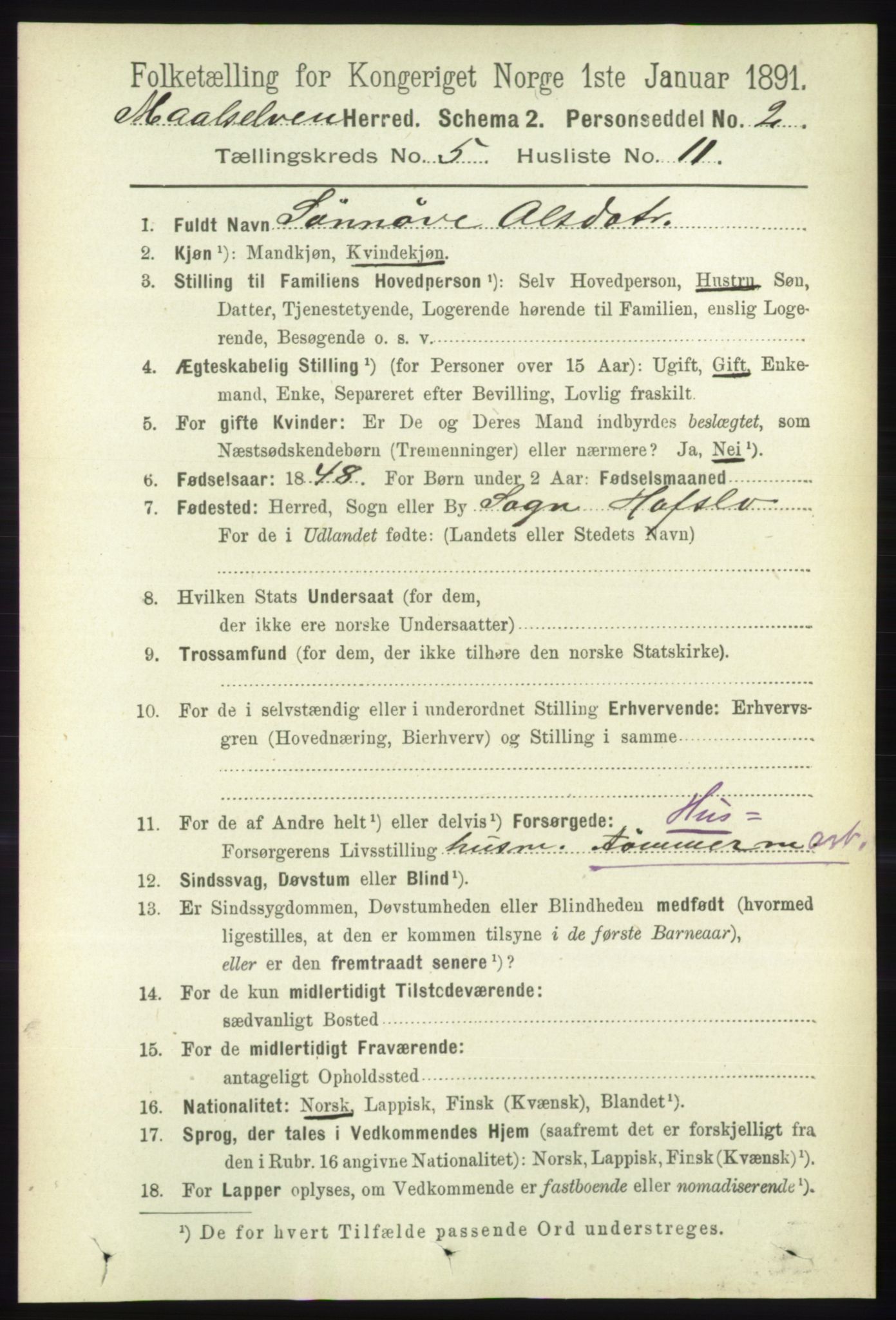 RA, 1891 census for 1924 Målselv, 1891, p. 1697