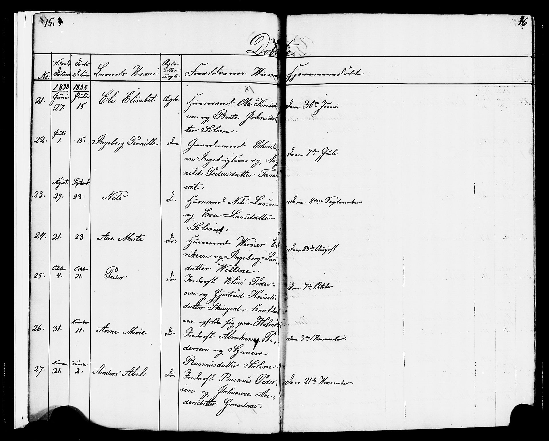 Hornindal sokneprestembete, SAB/A-82401/H/Haa/Haaa/L0001: Parish register (official) no. A 1, 1837-1866, p. 14-15