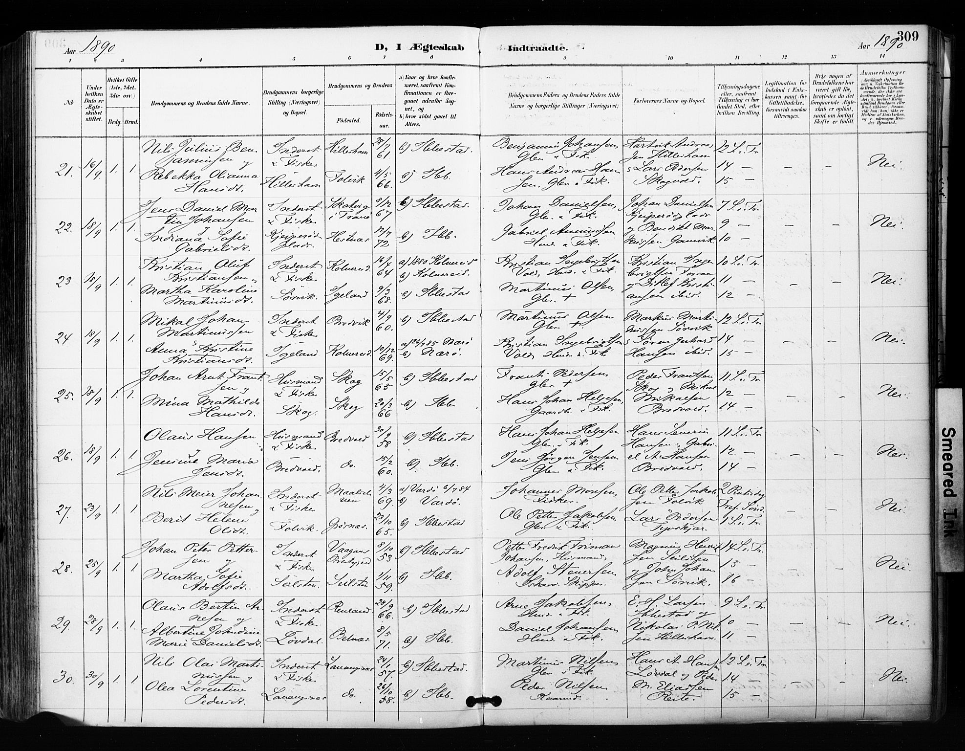 Ibestad sokneprestembete, SATØ/S-0077/H/Ha/Haa/L0012kirke: Parish register (official) no. 12, 1890-1900, p. 309