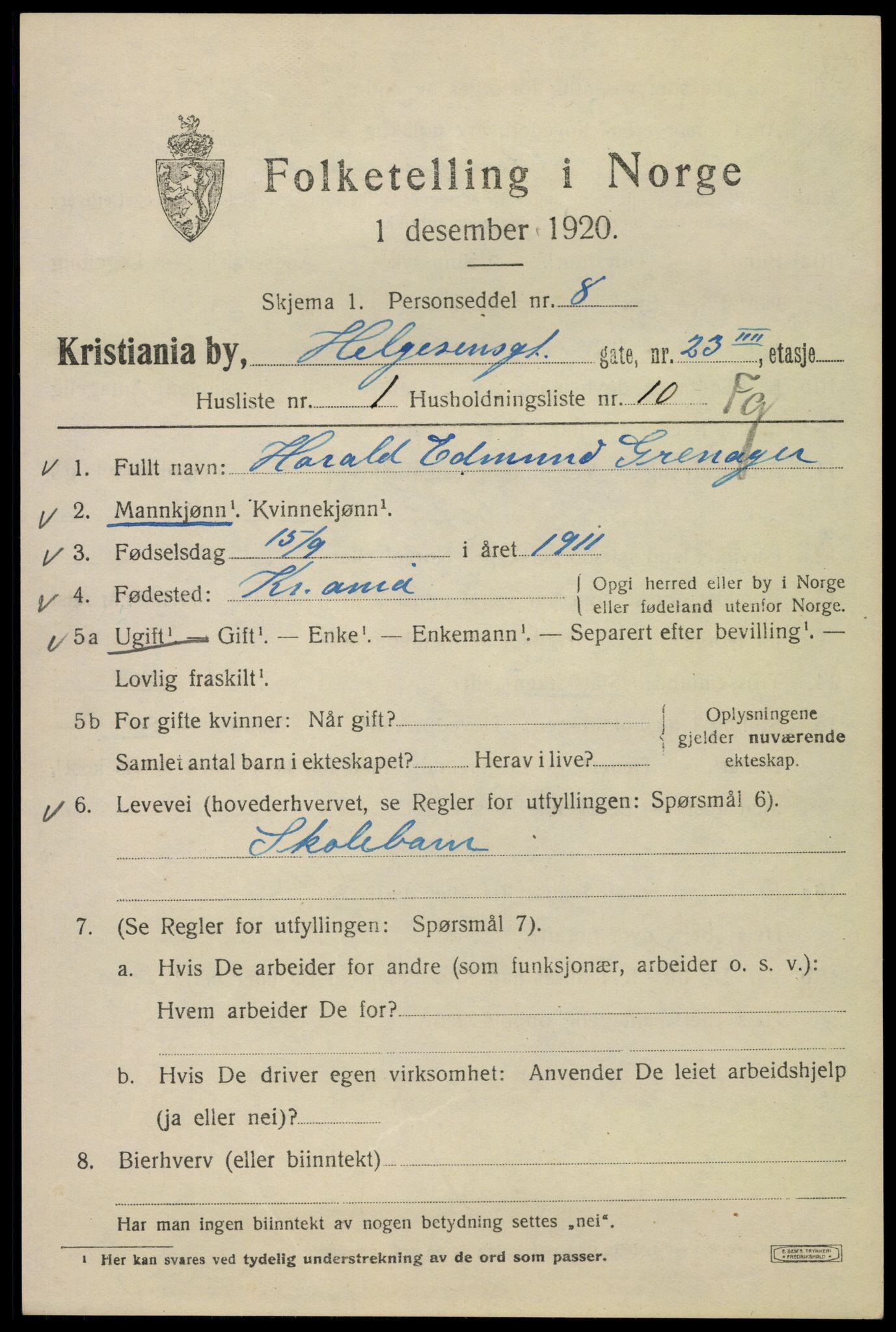 SAO, 1920 census for Kristiania, 1920, p. 284315