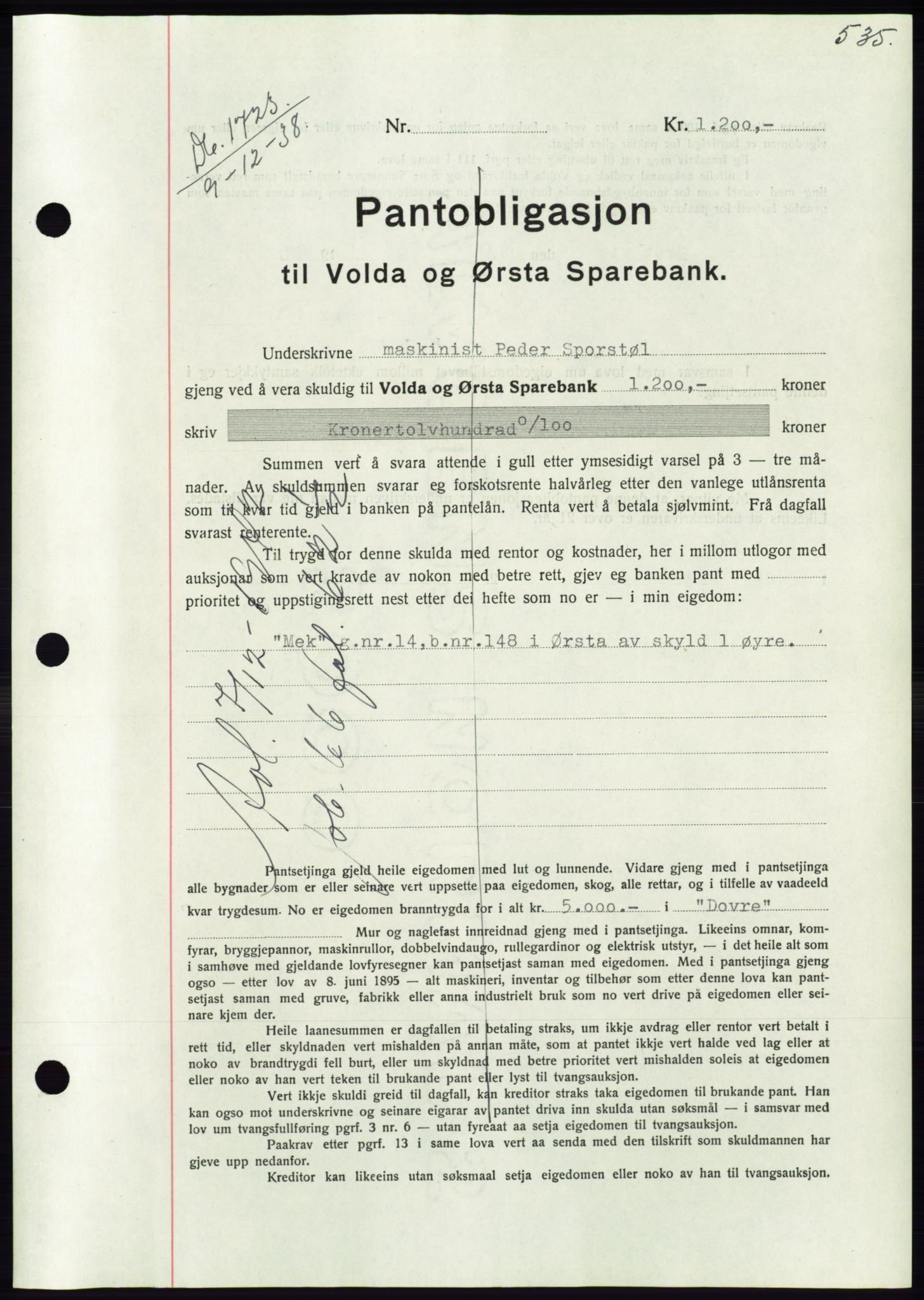 Søre Sunnmøre sorenskriveri, AV/SAT-A-4122/1/2/2C/L0066: Mortgage book no. 60, 1938-1938, Diary no: : 1723/1938