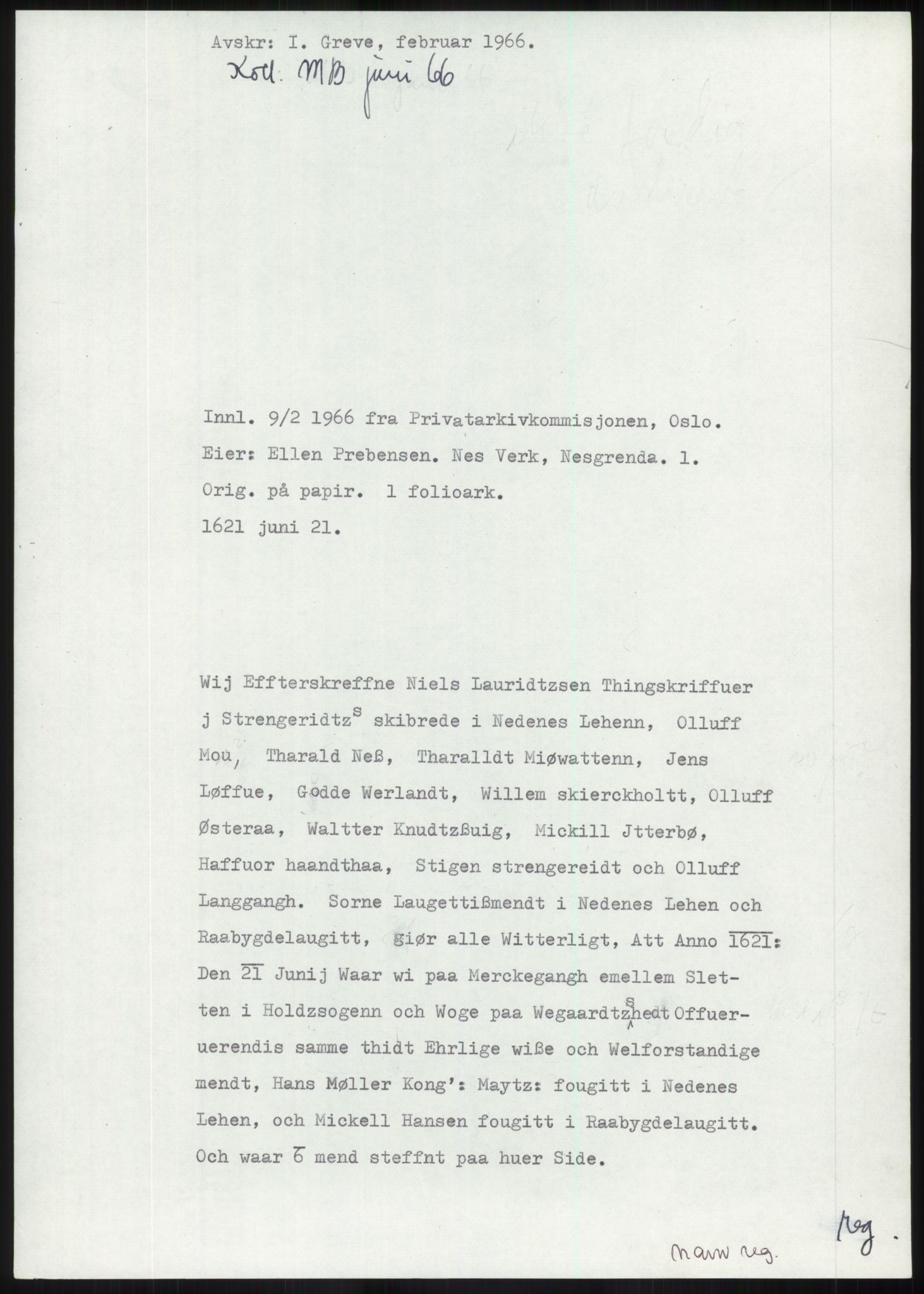 Samlinger til kildeutgivelse, Diplomavskriftsamlingen, RA/EA-4053/H/Ha, p. 66