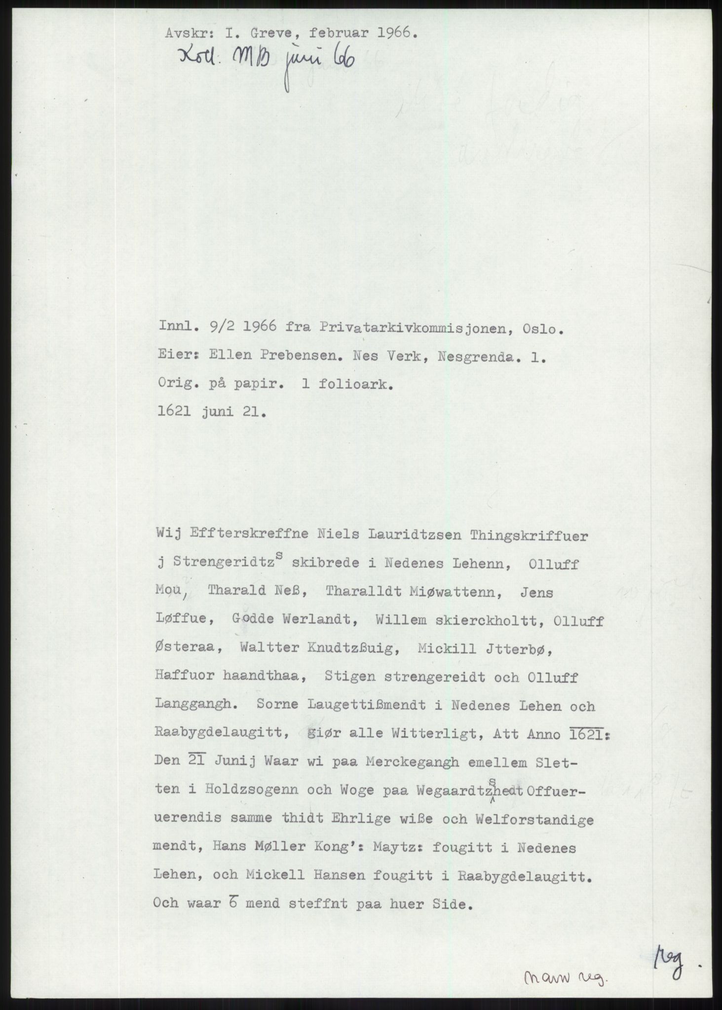 Samlinger til kildeutgivelse, Diplomavskriftsamlingen, AV/RA-EA-4053/H/Ha, p. 66