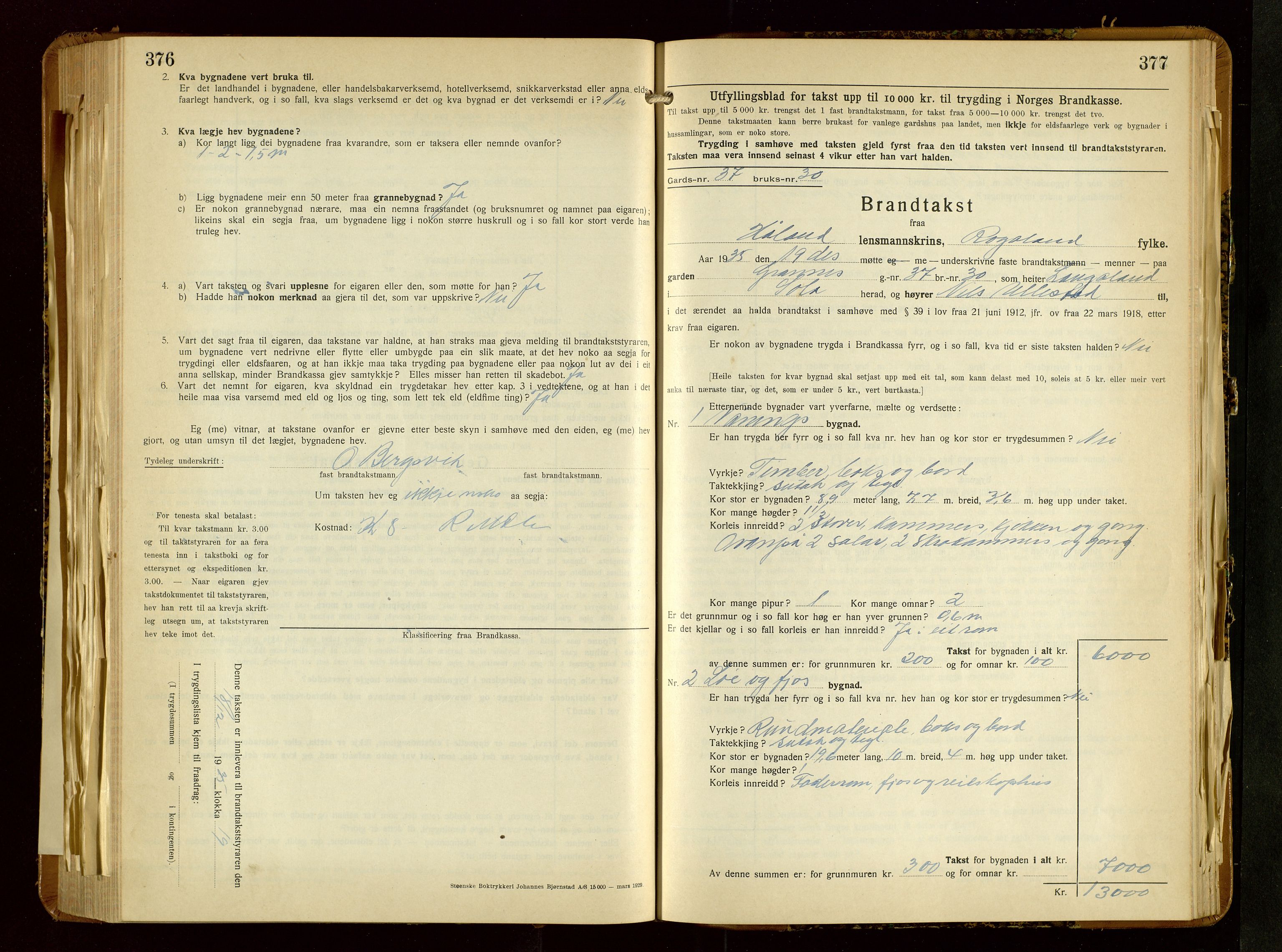 Håland lensmannskontor, SAST/A-100100/Gob/L0010: Branntakstprotokoll - skjematakst. Register i boken., 1933-1936, p. 376-377
