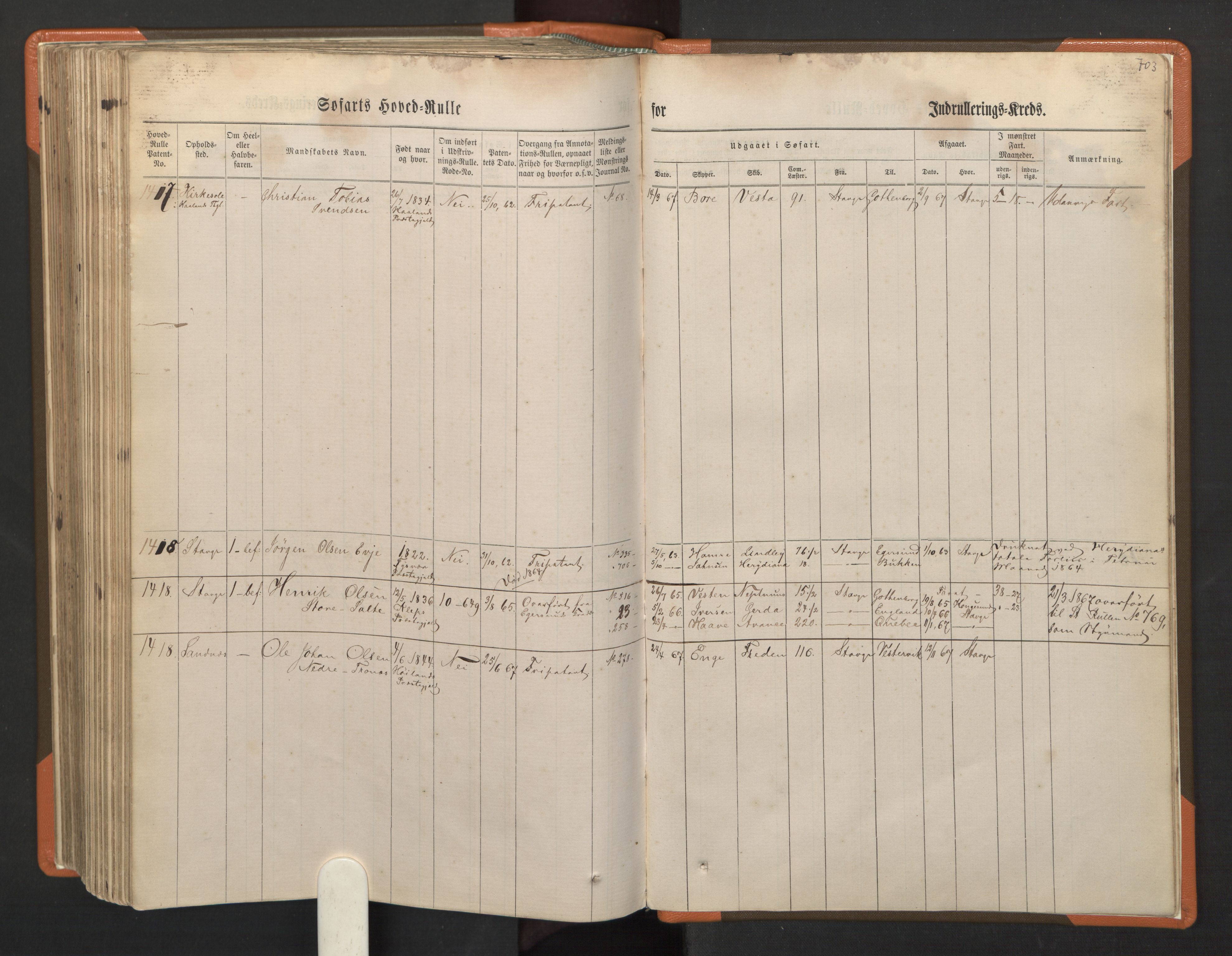 Stavanger sjømannskontor, AV/SAST-A-102006/F/Fb/Fbb/L0002: Sjøfartshovedrulle, patentnr. 721-1450 (del 2), 1863, p. 351