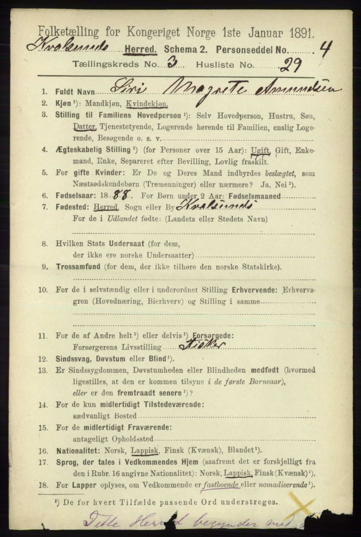 RA, 1891 census for 2017 Kvalsund, 1891, p. 138