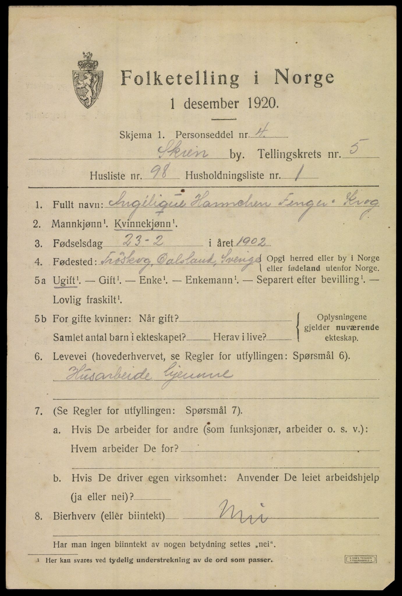 SAKO, 1920 census for Skien, 1920, p. 21236