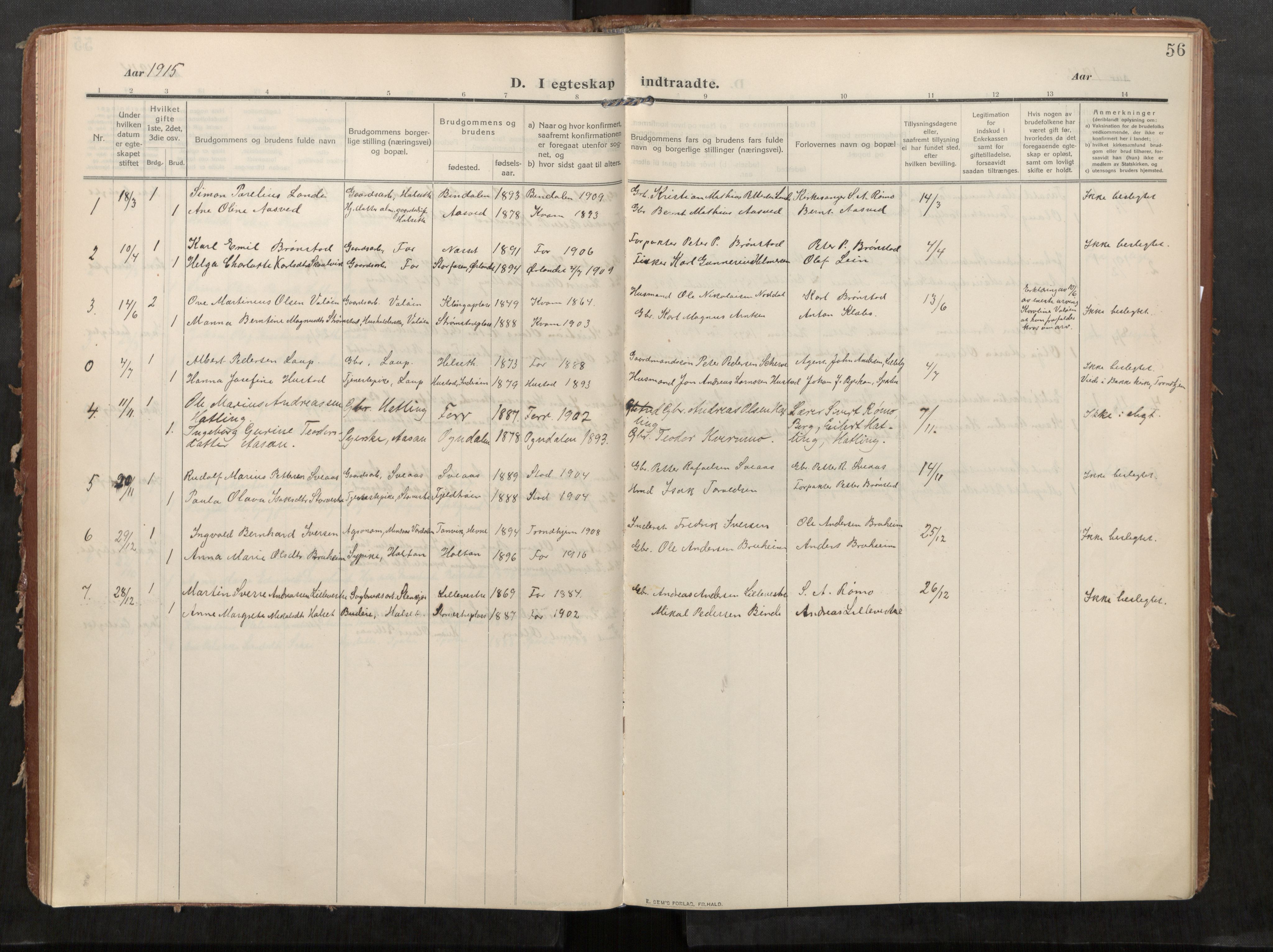 Stod sokneprestkontor, AV/SAT-A-1164/1/I/I1/I1a/L0002: Parish register (official) no. 2, 1909-1922, p. 56