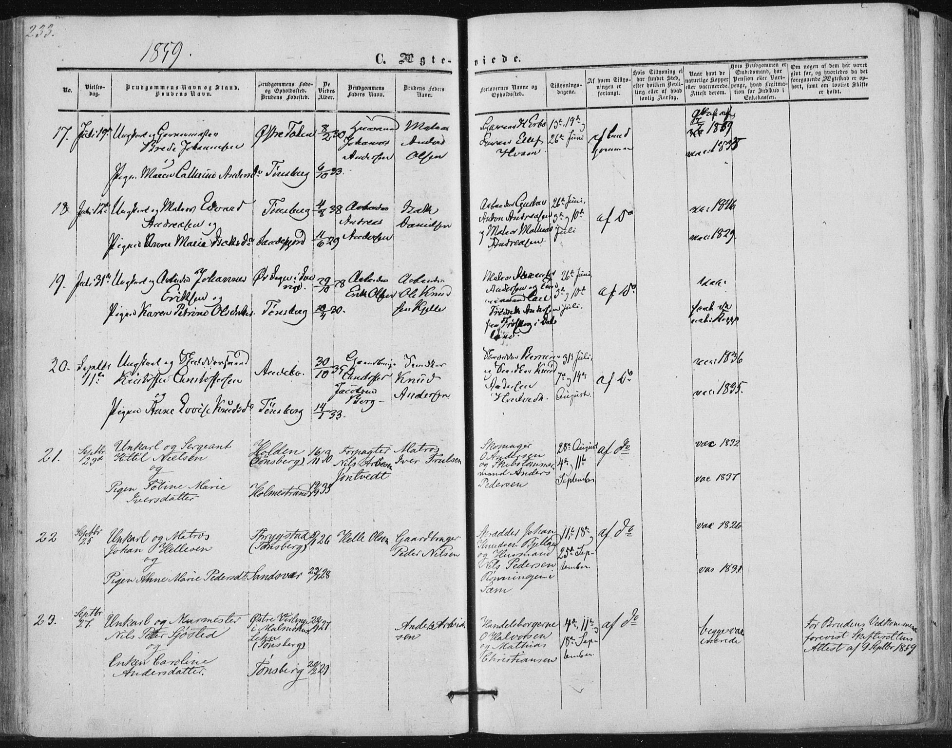 Tønsberg kirkebøker, AV/SAKO-A-330/F/Fa/L0008: Parish register (official) no. I 8, 1855-1864, p. 233