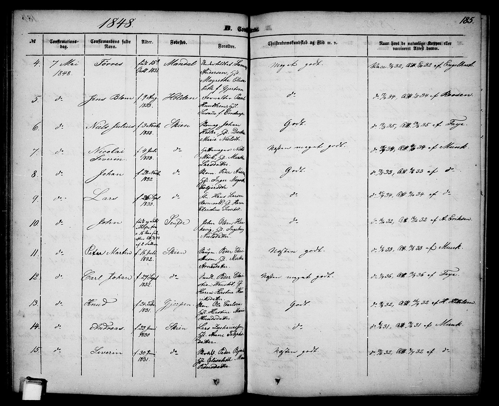 Skien kirkebøker, SAKO/A-302/G/Ga/L0004: Parish register (copy) no. 4, 1843-1867, p. 185
