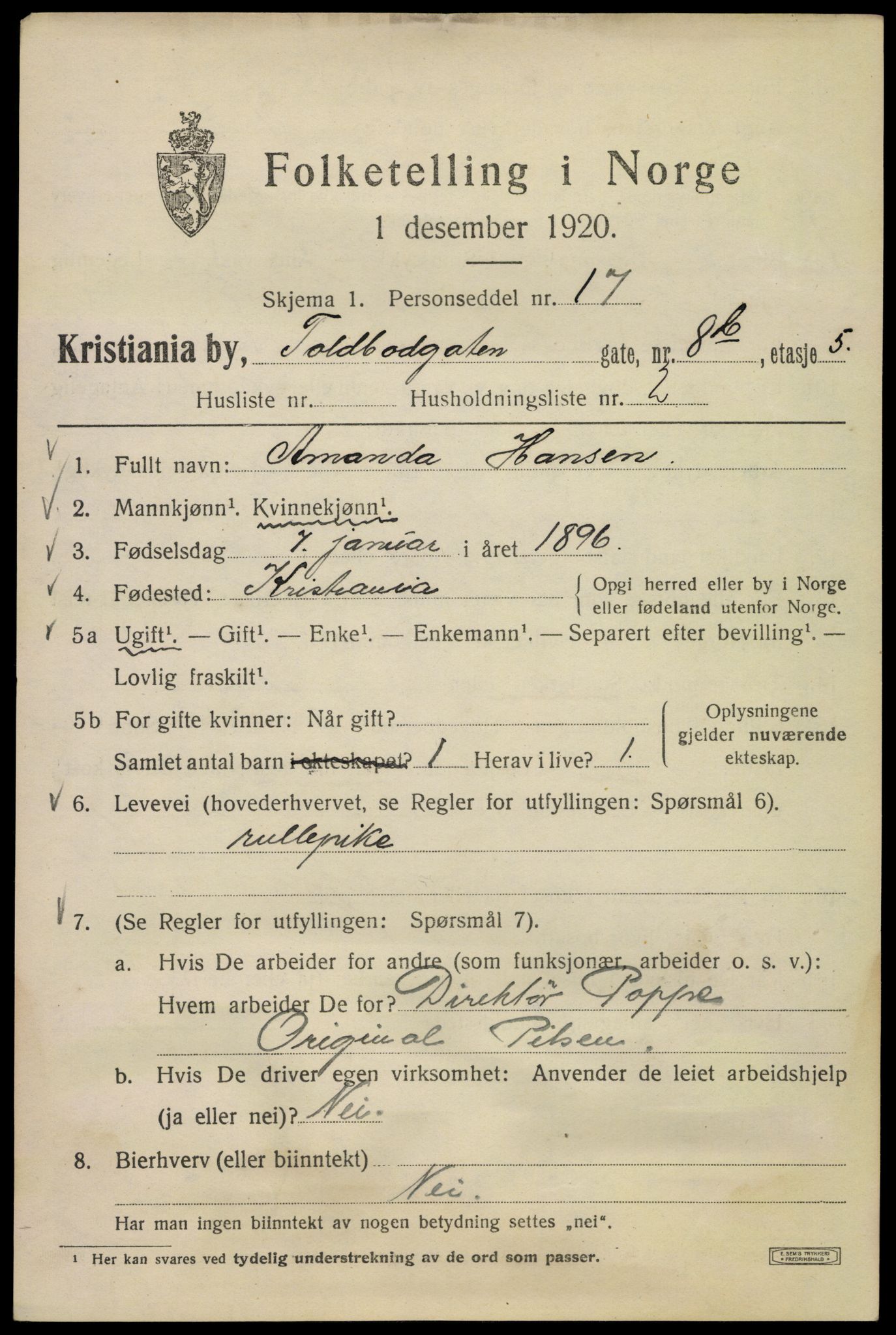 SAO, 1920 census for Kristiania, 1920, p. 588313