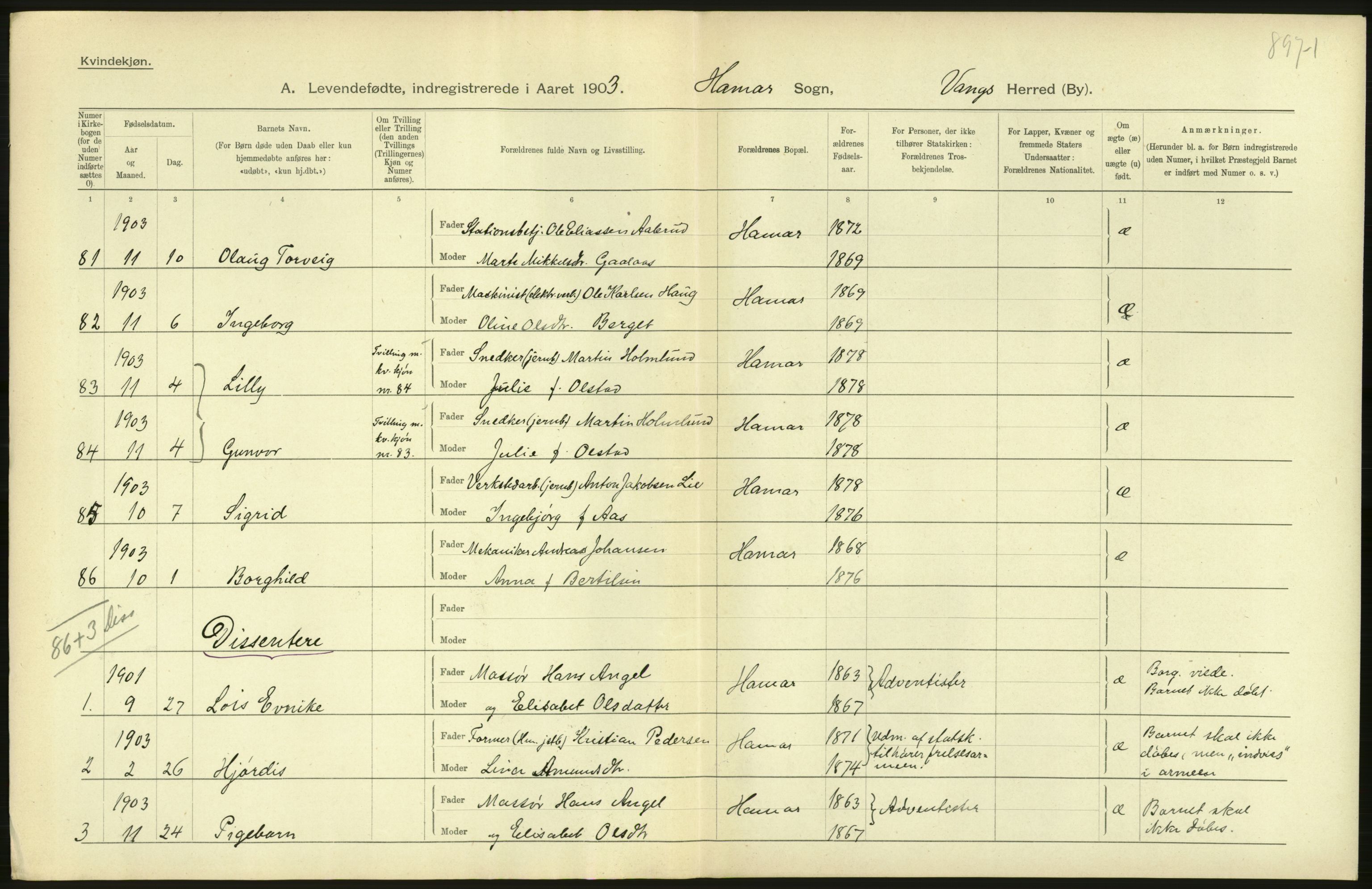 Statistisk sentralbyrå, Sosiodemografiske emner, Befolkning, AV/RA-S-2228/D/Df/Dfa/Dfaa/L0005: Hedemarkens amt: Fødte, gifte, døde, 1903, p. 728