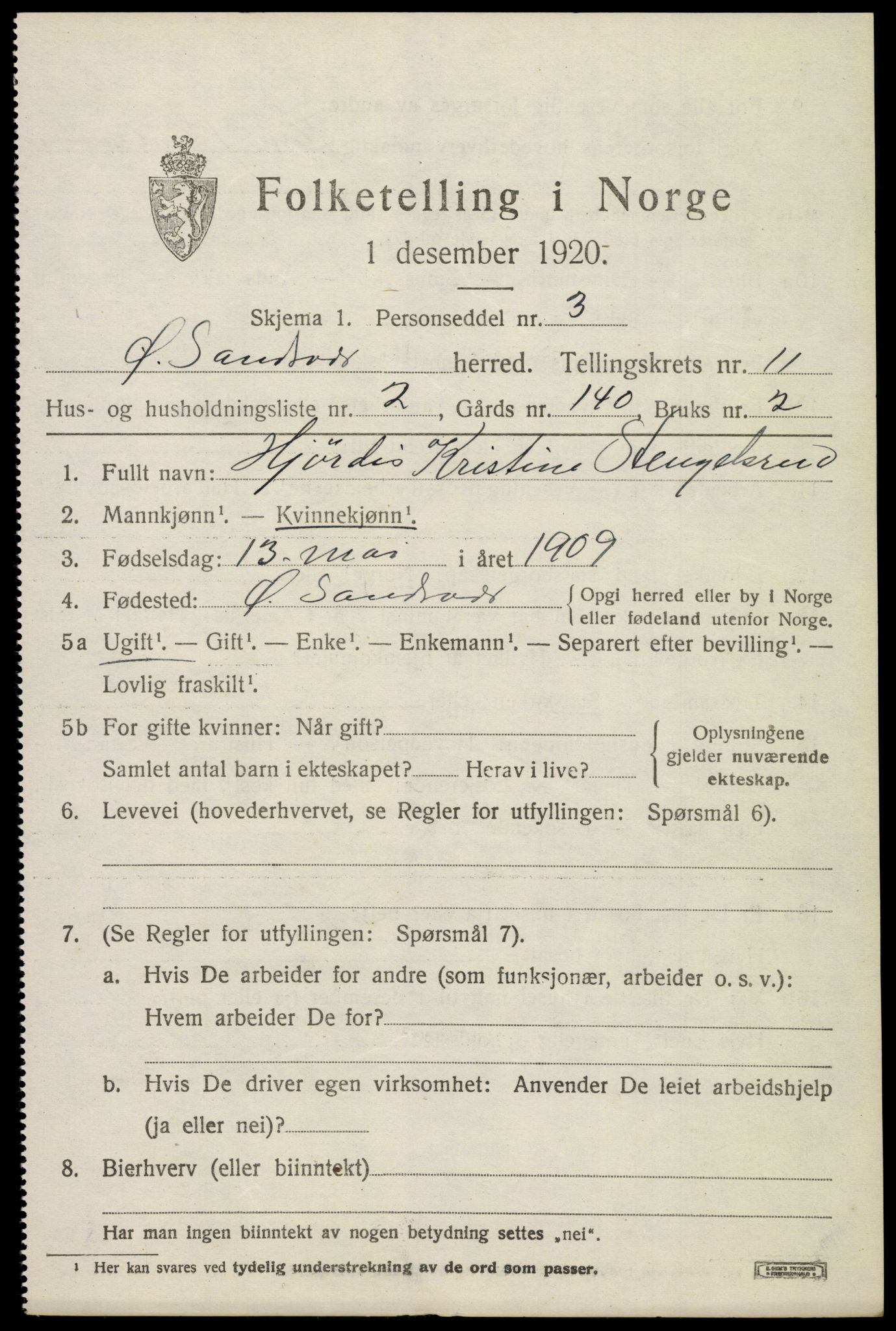 SAKO, 1920 census for Øvre Sandsvær, 1920, p. 5744