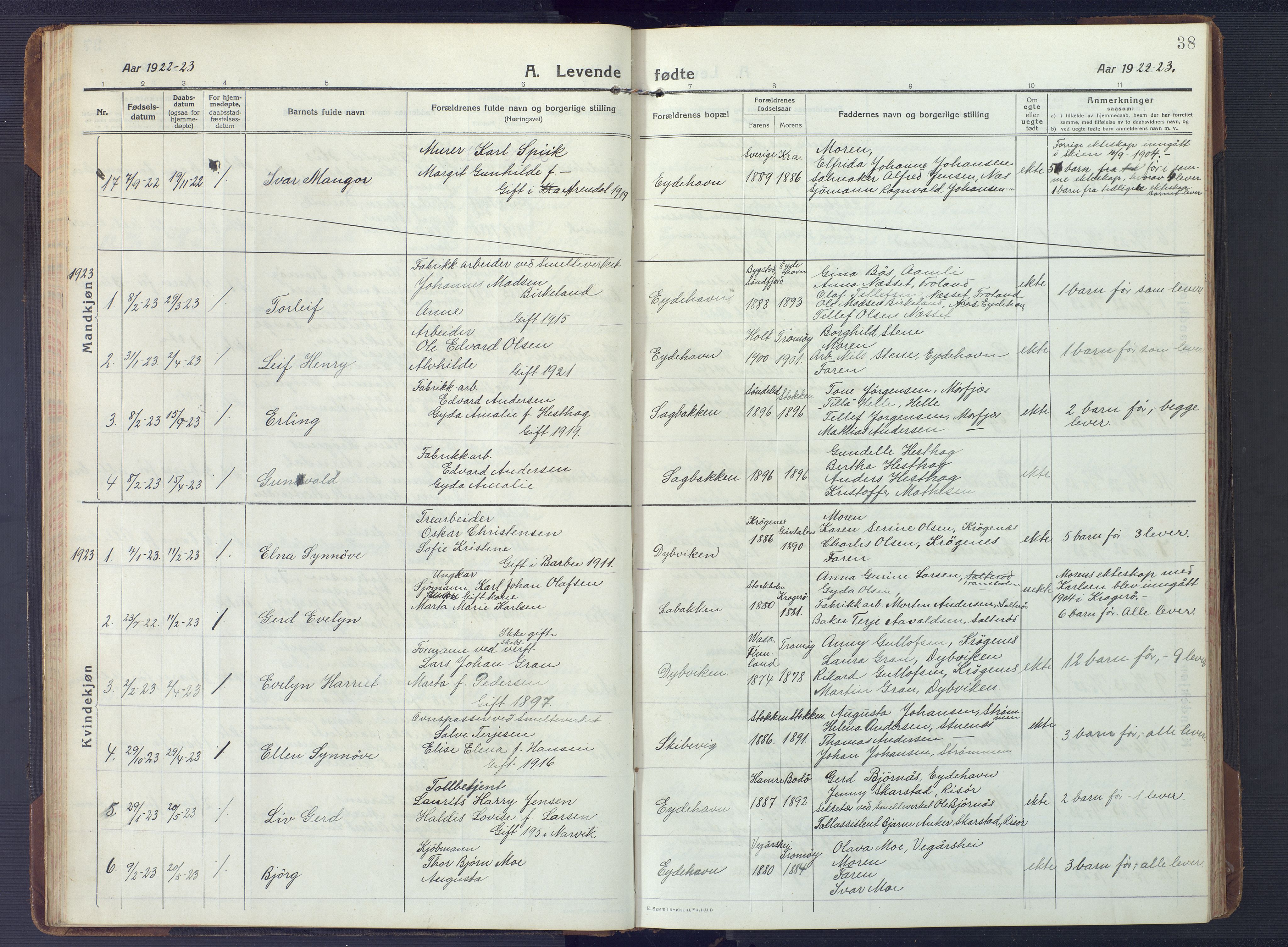 Austre Moland sokneprestkontor, SAK/1111-0001/F/Fb/Fbb/L0004: Parish register (copy) no. B 4, 1914-1929, p. 38