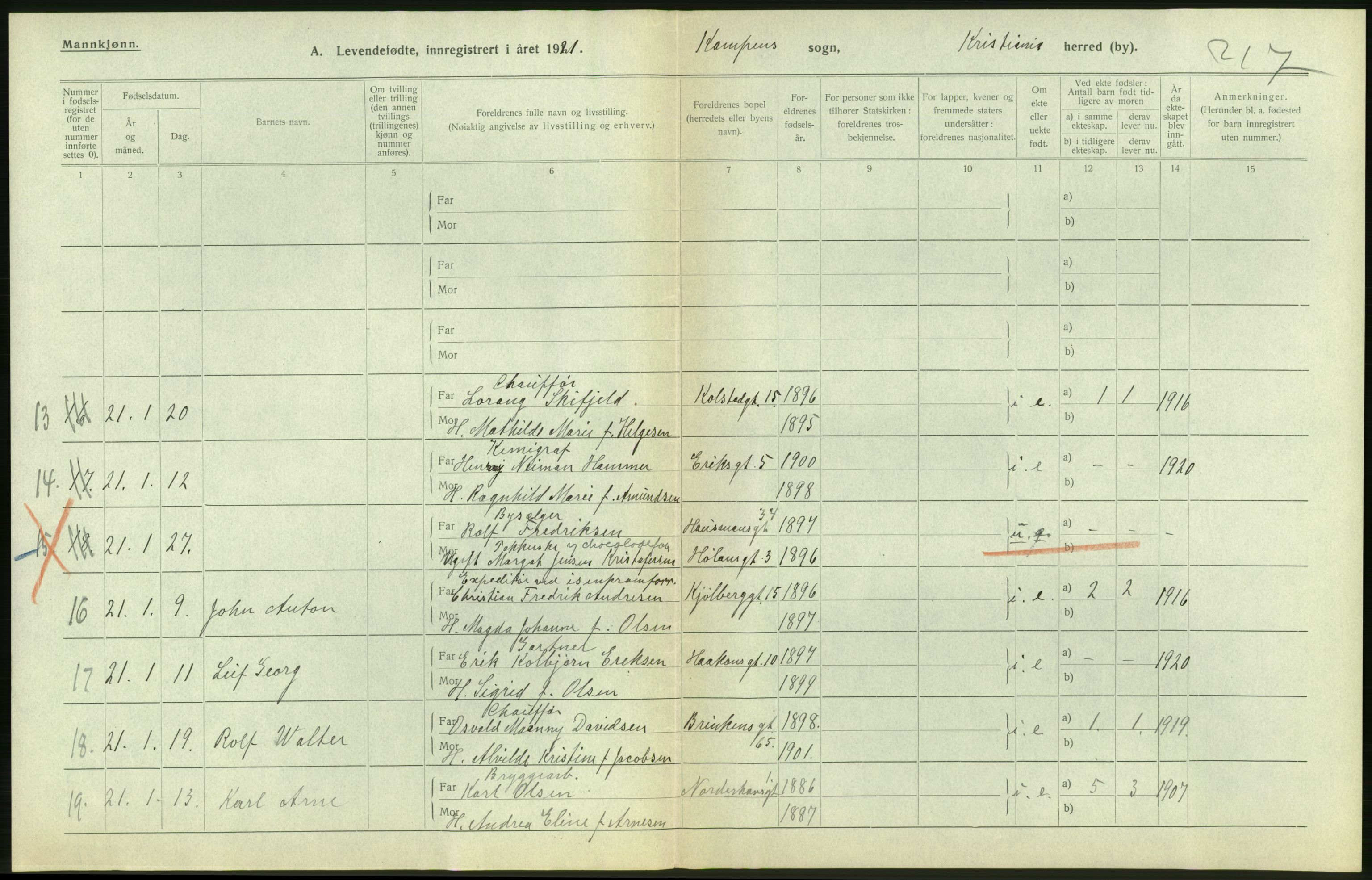 Statistisk sentralbyrå, Sosiodemografiske emner, Befolkning, RA/S-2228/D/Df/Dfc/Dfca/L0009: Kristiania: Levendefødte menn og kvinner., 1921, p. 84