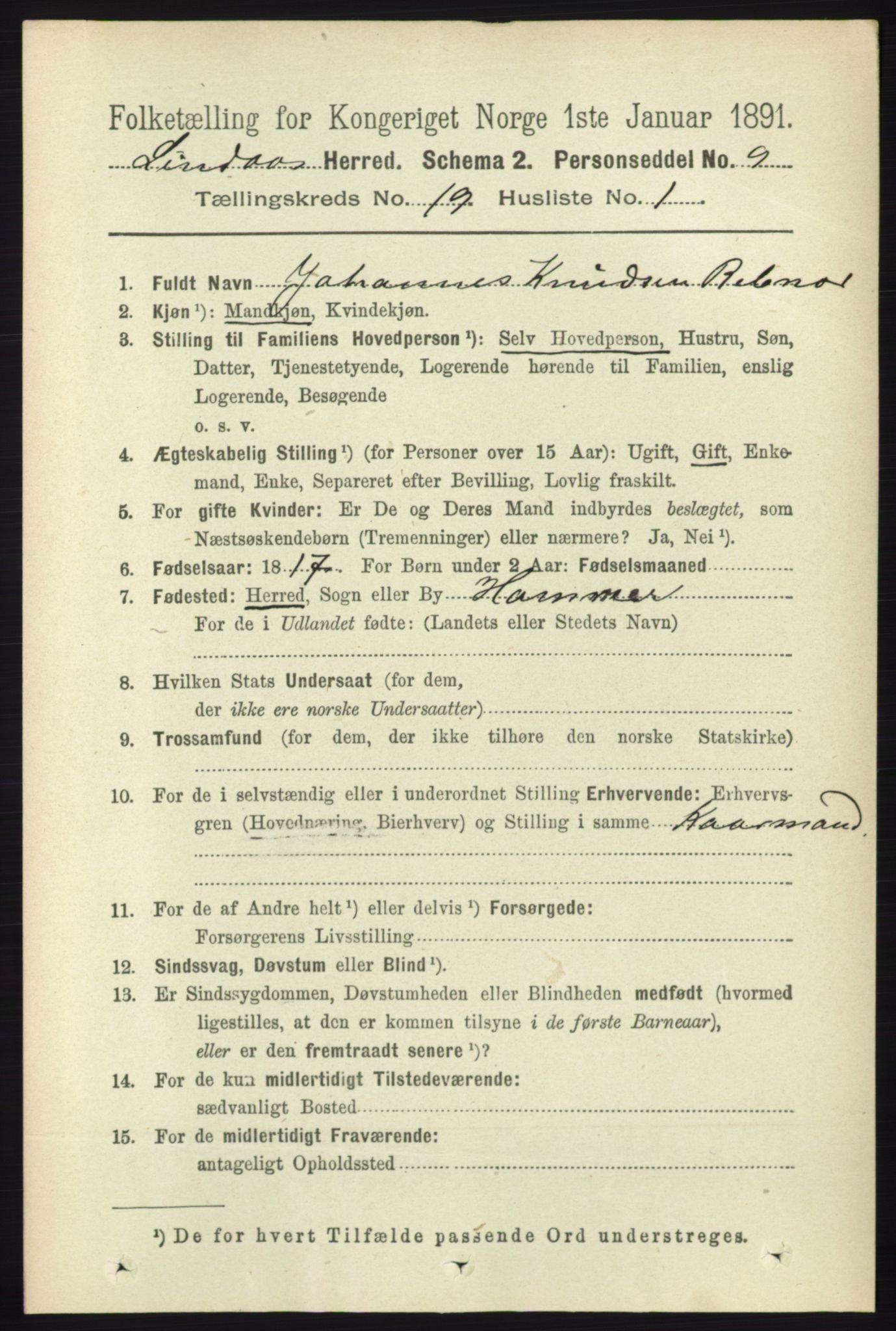 RA, 1891 census for 1263 Lindås, 1891, p. 6939