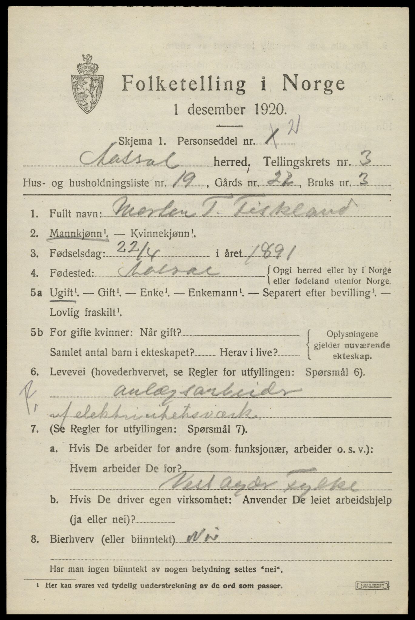 SAK, 1920 census for Åseral, 1920, p. 1174