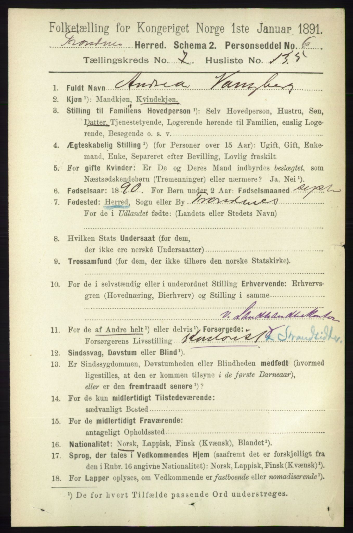 RA, 1891 census for 1914 Trondenes, 1891, p. 5343