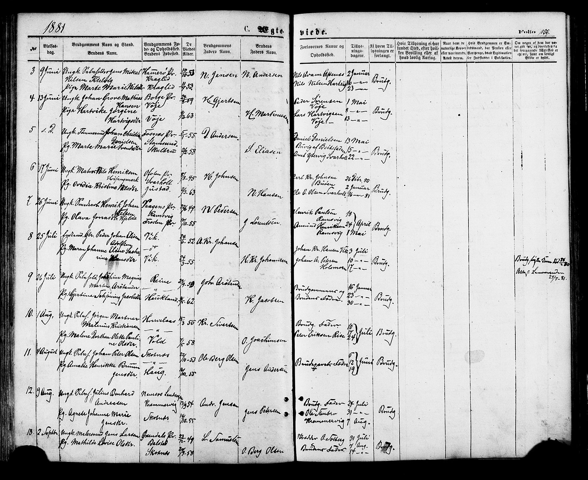 Ministerialprotokoller, klokkerbøker og fødselsregistre - Nordland, AV/SAT-A-1459/881/L1166: Parish register (copy) no. 881C03, 1876-1885, p. 156