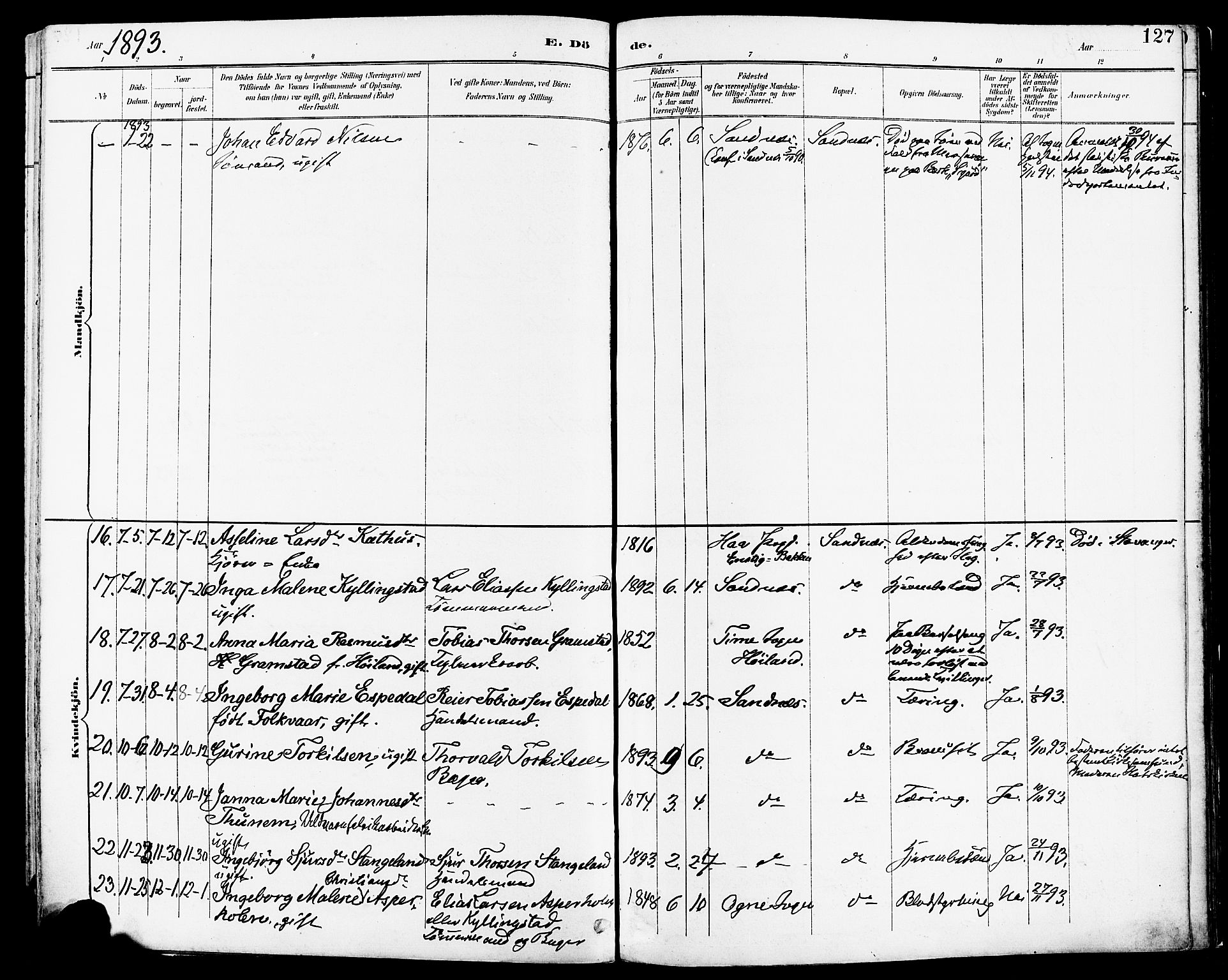 Høyland sokneprestkontor, SAST/A-101799/001/30BA/L0014: Parish register (official) no. A 12, 1890-1898, p. 127