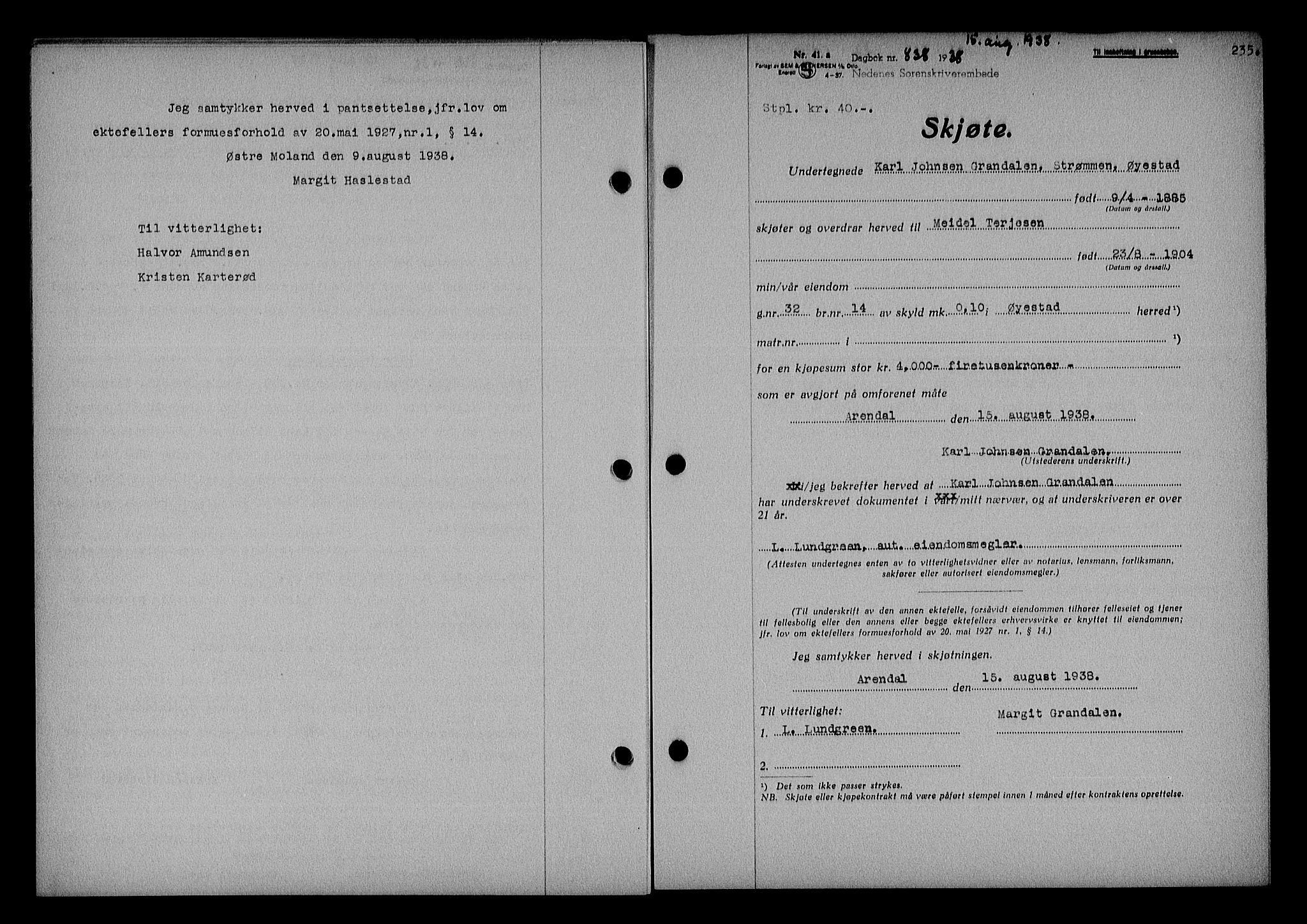 Nedenes sorenskriveri, SAK/1221-0006/G/Gb/Gba/L0045: Mortgage book no. 41, 1938-1938, Diary no: : 838/1938