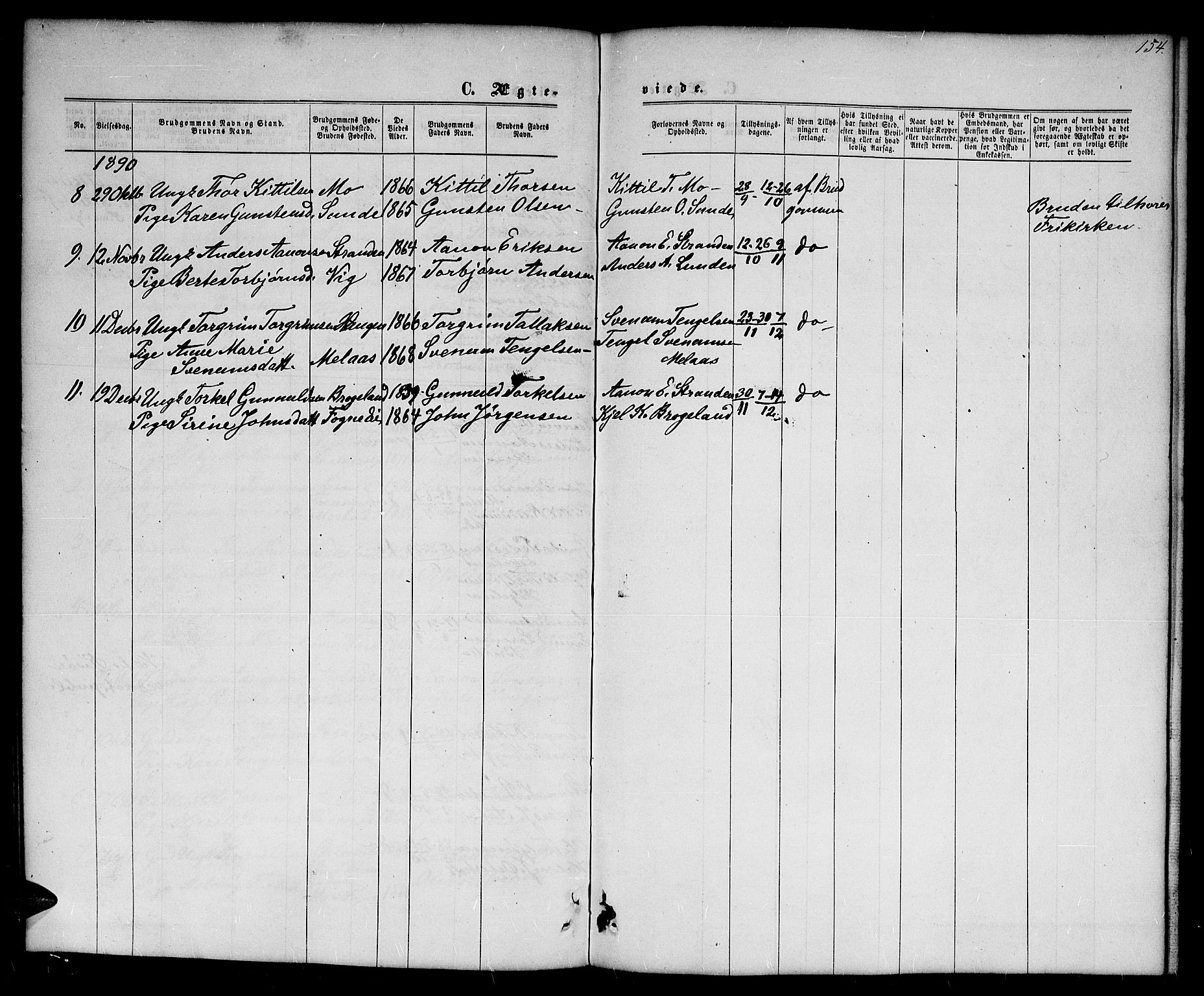 Gjerstad sokneprestkontor, AV/SAK-1111-0014/F/Fb/Fba/L0006: Parish register (copy) no. B 6, 1868-1890, p. 154