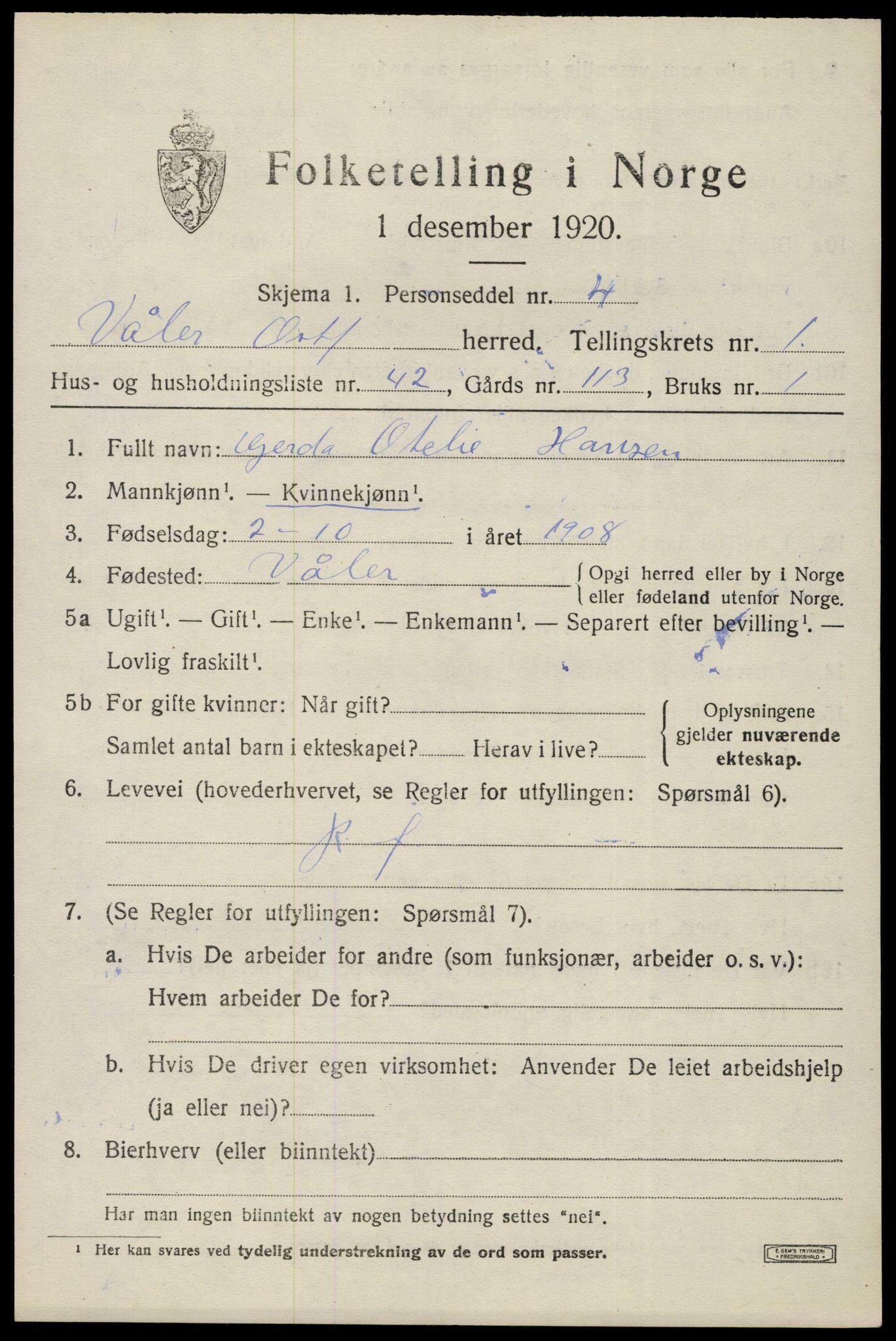 SAO, 1920 census for Våler, 1920, p. 1372