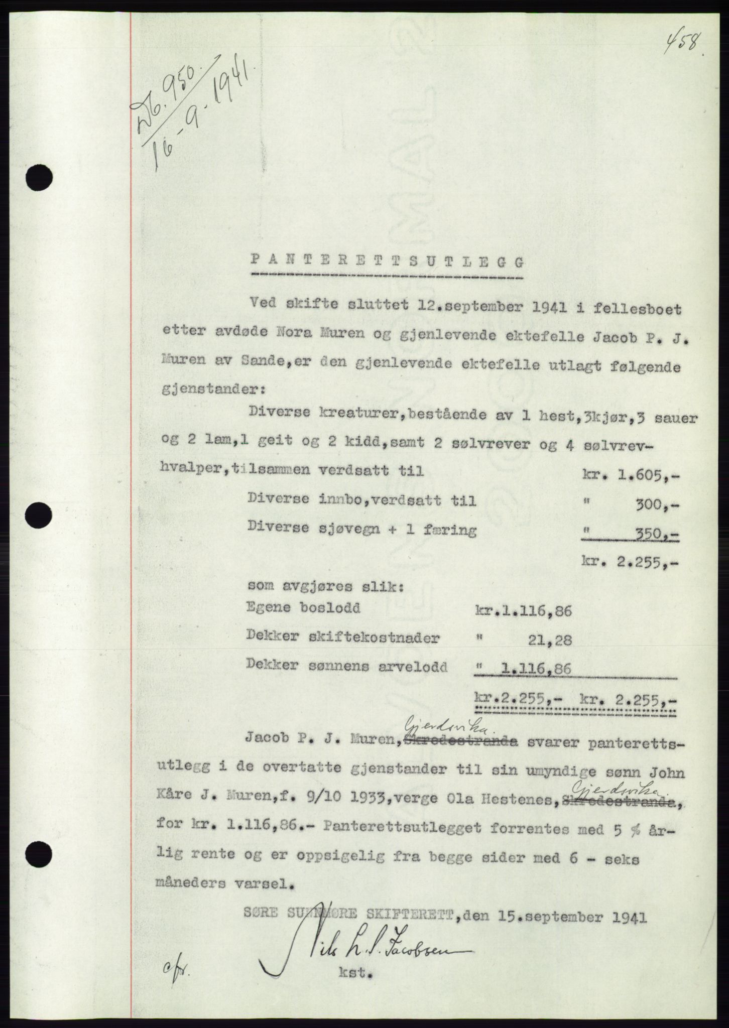 Søre Sunnmøre sorenskriveri, AV/SAT-A-4122/1/2/2C/L0071: Mortgage book no. 65, 1941-1941, Diary no: : 950/1941