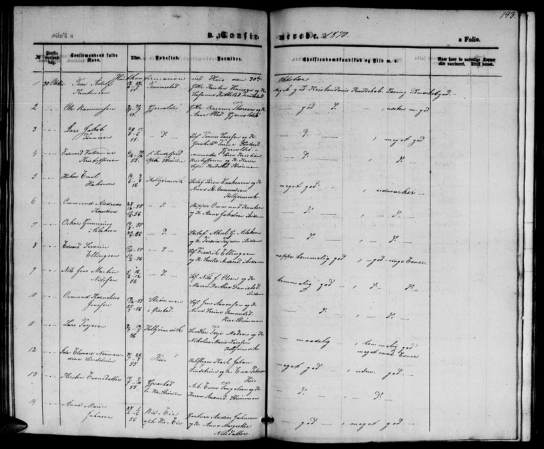 Hisøy sokneprestkontor, AV/SAK-1111-0020/F/Fb/L0001: Parish register (copy) no. B 1, 1849-1872, p. 143