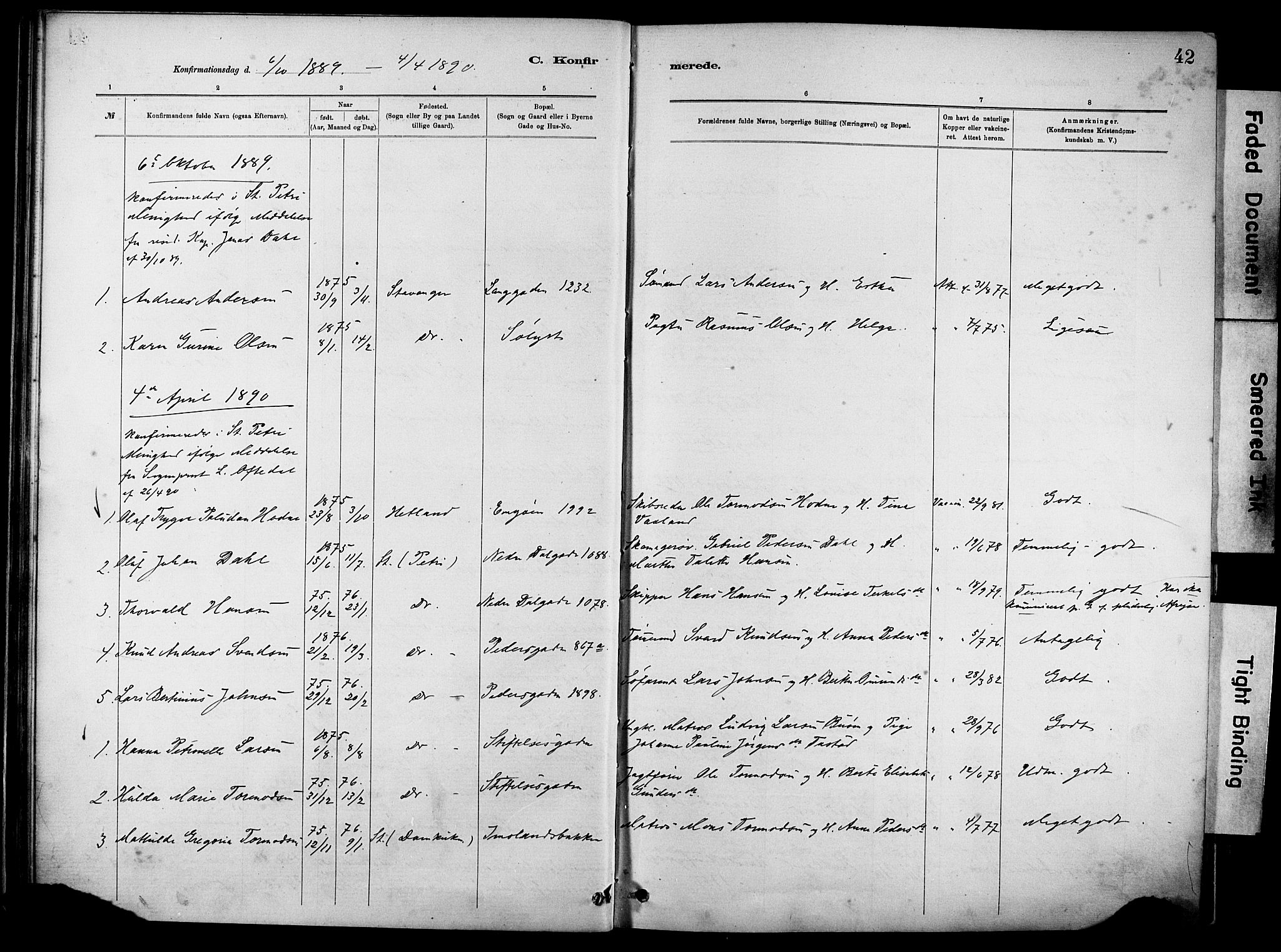 St. Johannes sokneprestkontor, SAST/A-101814/001/30/30BA/L0002: Parish register (official) no. A 2, 1885-1899, p. 42