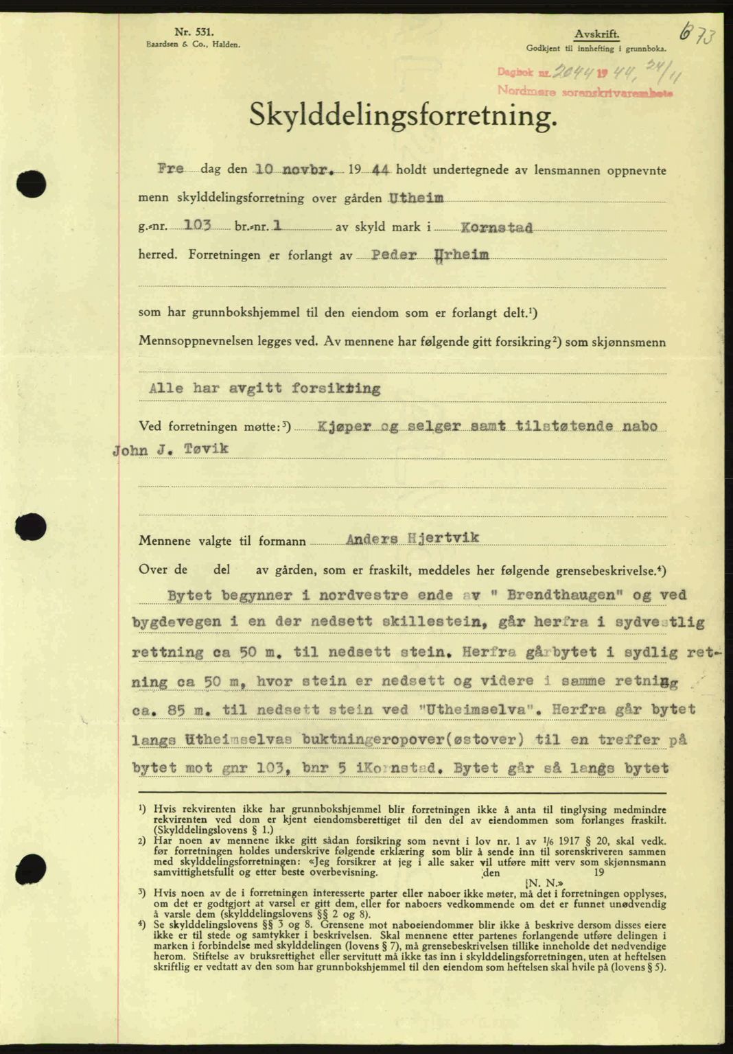 Nordmøre sorenskriveri, AV/SAT-A-4132/1/2/2Ca: Mortgage book no. A98, 1944-1944, Diary no: : 2044/1944