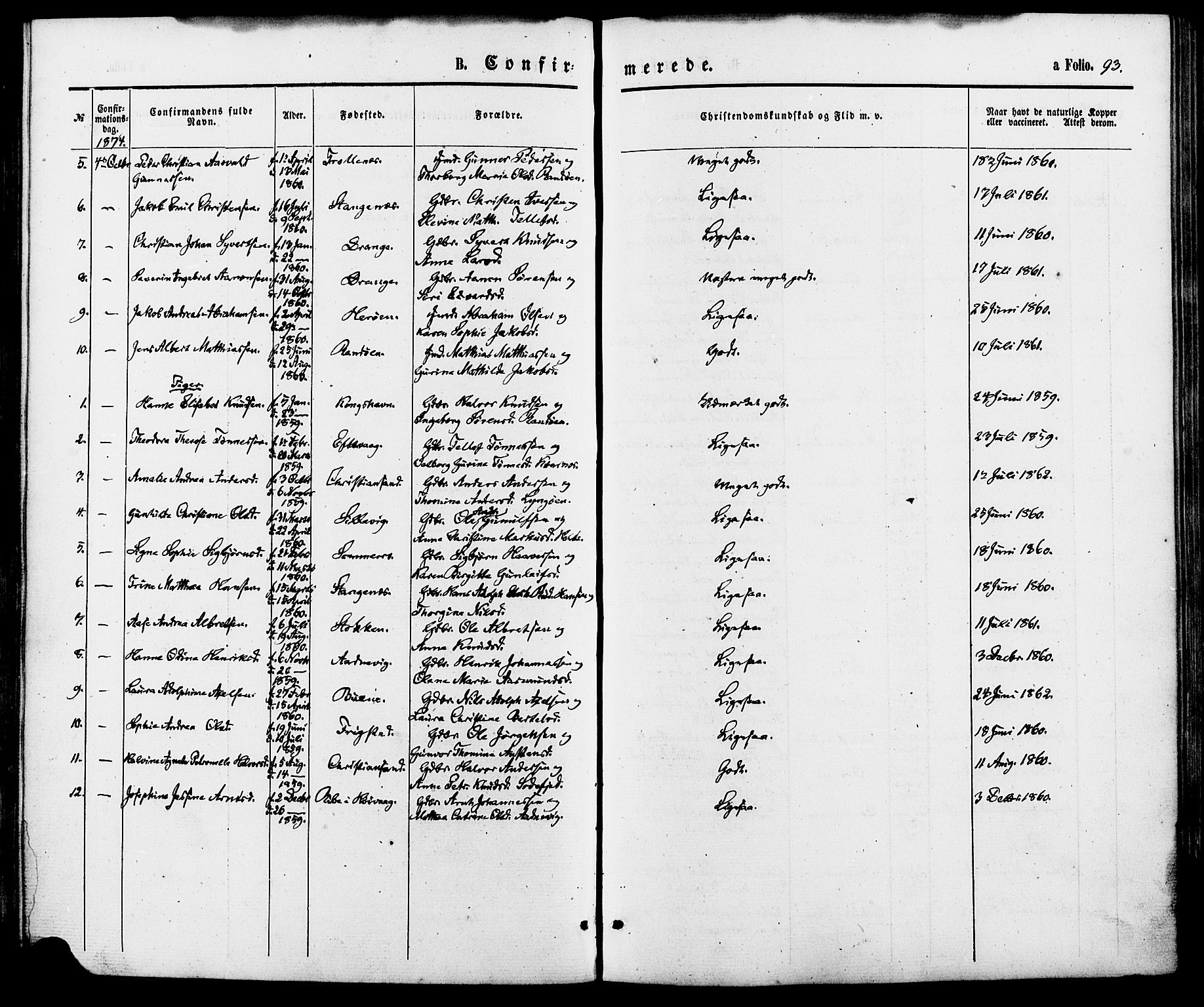 Oddernes sokneprestkontor, SAK/1111-0033/F/Fa/Fab/L0001: Parish register (official) no. A 1, 1865-1884, p. 93