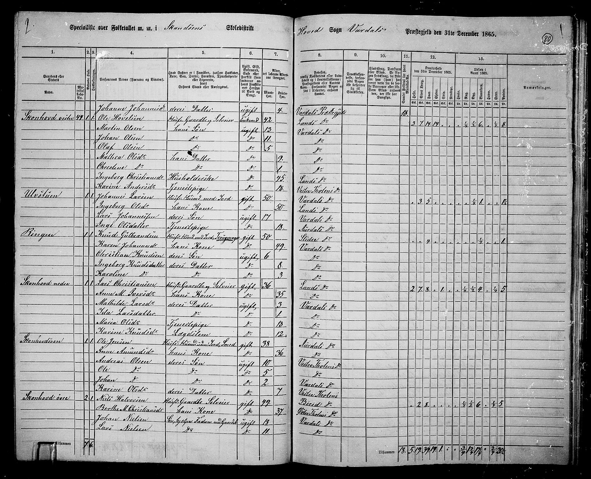 RA, 1865 census for Vardal/Vardal og Hunn, 1865, p. 70