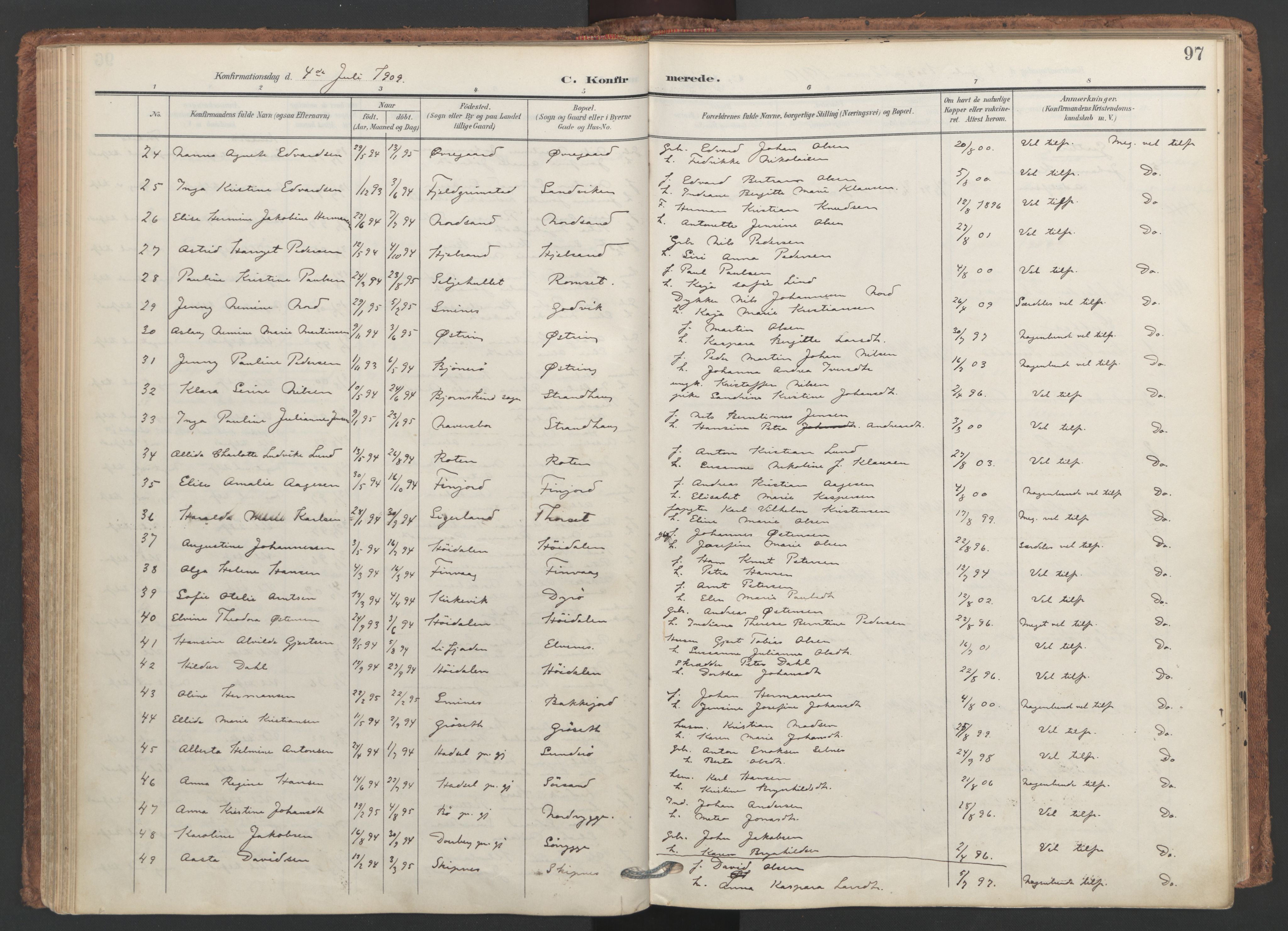Ministerialprotokoller, klokkerbøker og fødselsregistre - Nordland, SAT/A-1459/893/L1339: Parish register (official) no. 893A11, 1904-1914, p. 97