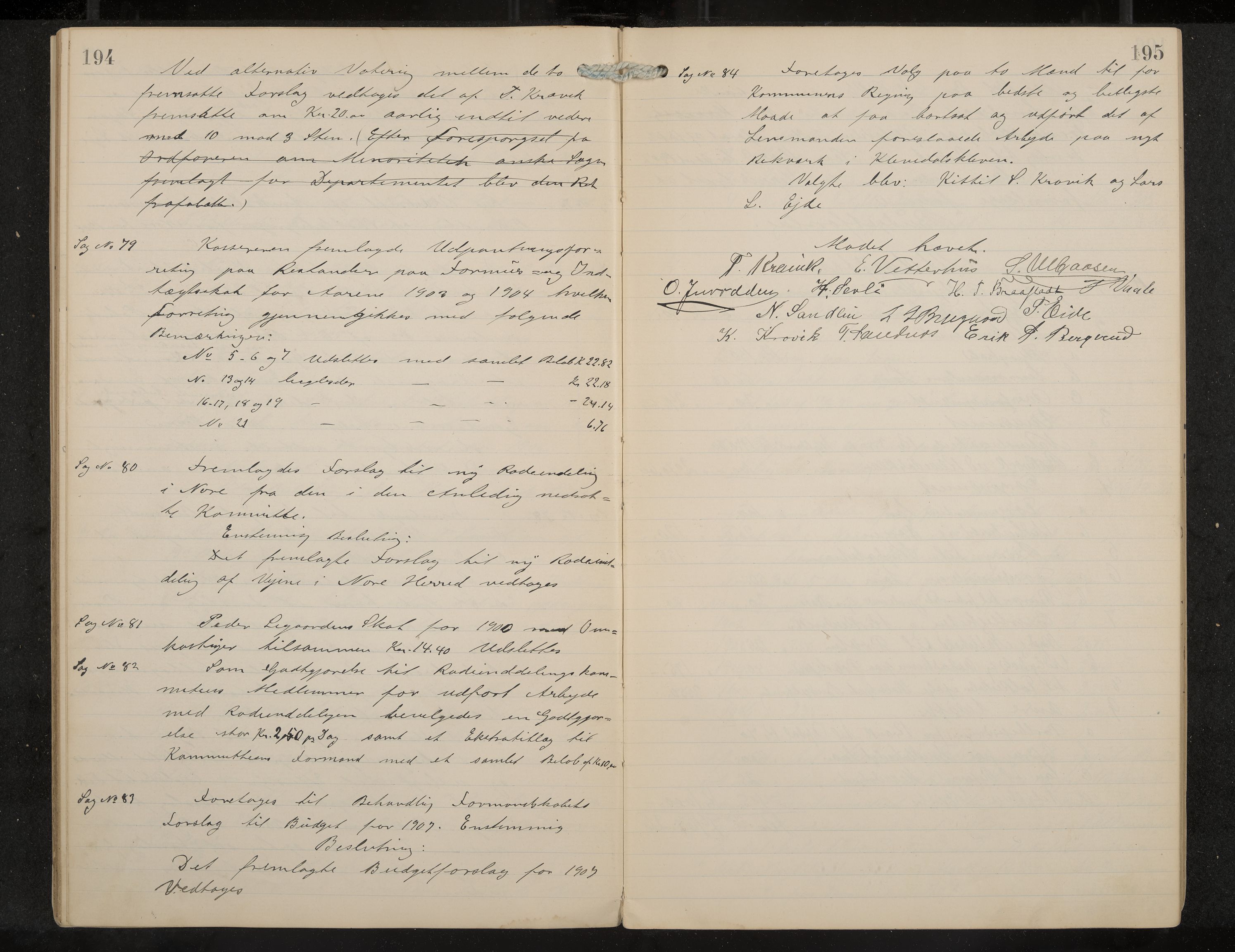 Nore formannskap og sentraladministrasjon, IKAK/0633021-2/A/Aa/L0001: Møtebok, 1901-1911, p. 194-195