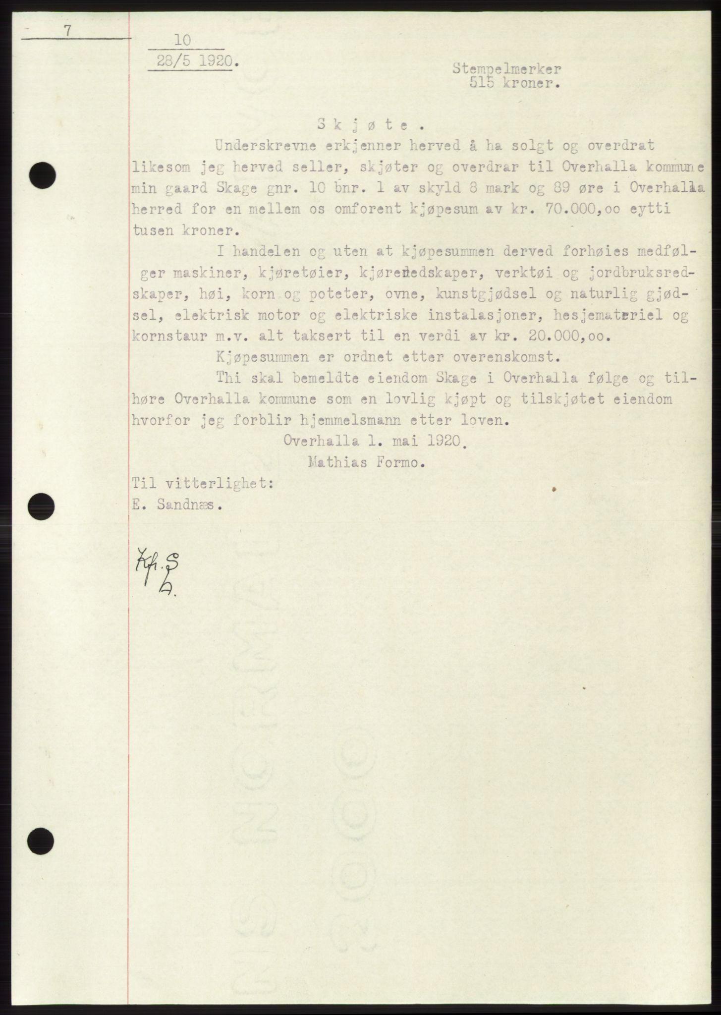 Namdal sorenskriveri, SAT/A-4133/1/2/2C: Mortgage book no. -, 1916-1921, Deed date: 28.05.1920